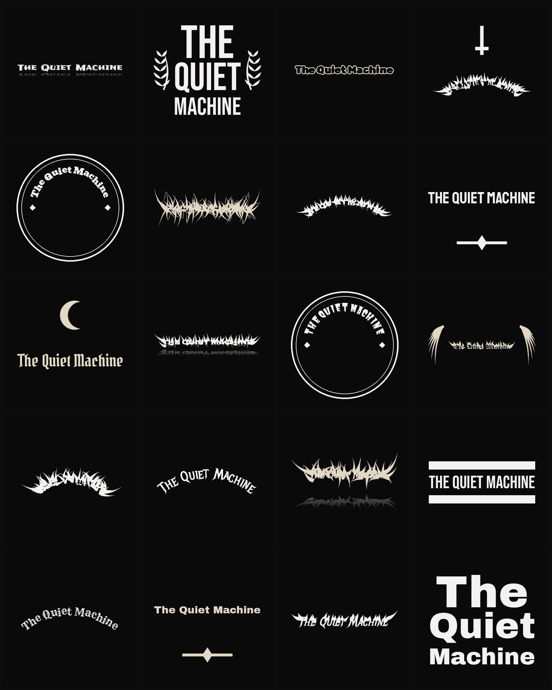 Twenty The Quiet Machine band logo ideas — different faces, treatments and spike settings