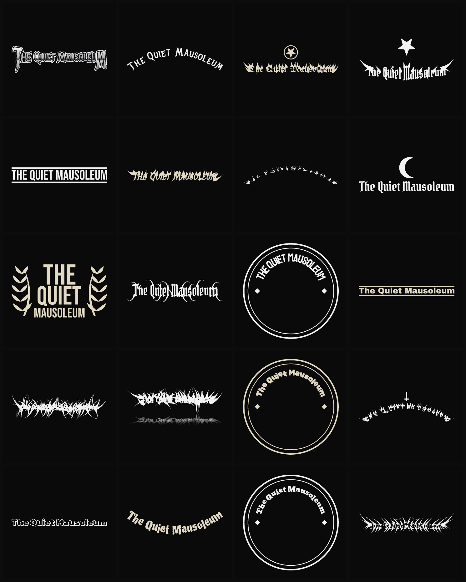 Twenty The Quiet Mausoleum band logo ideas — different faces, treatments and spike settings