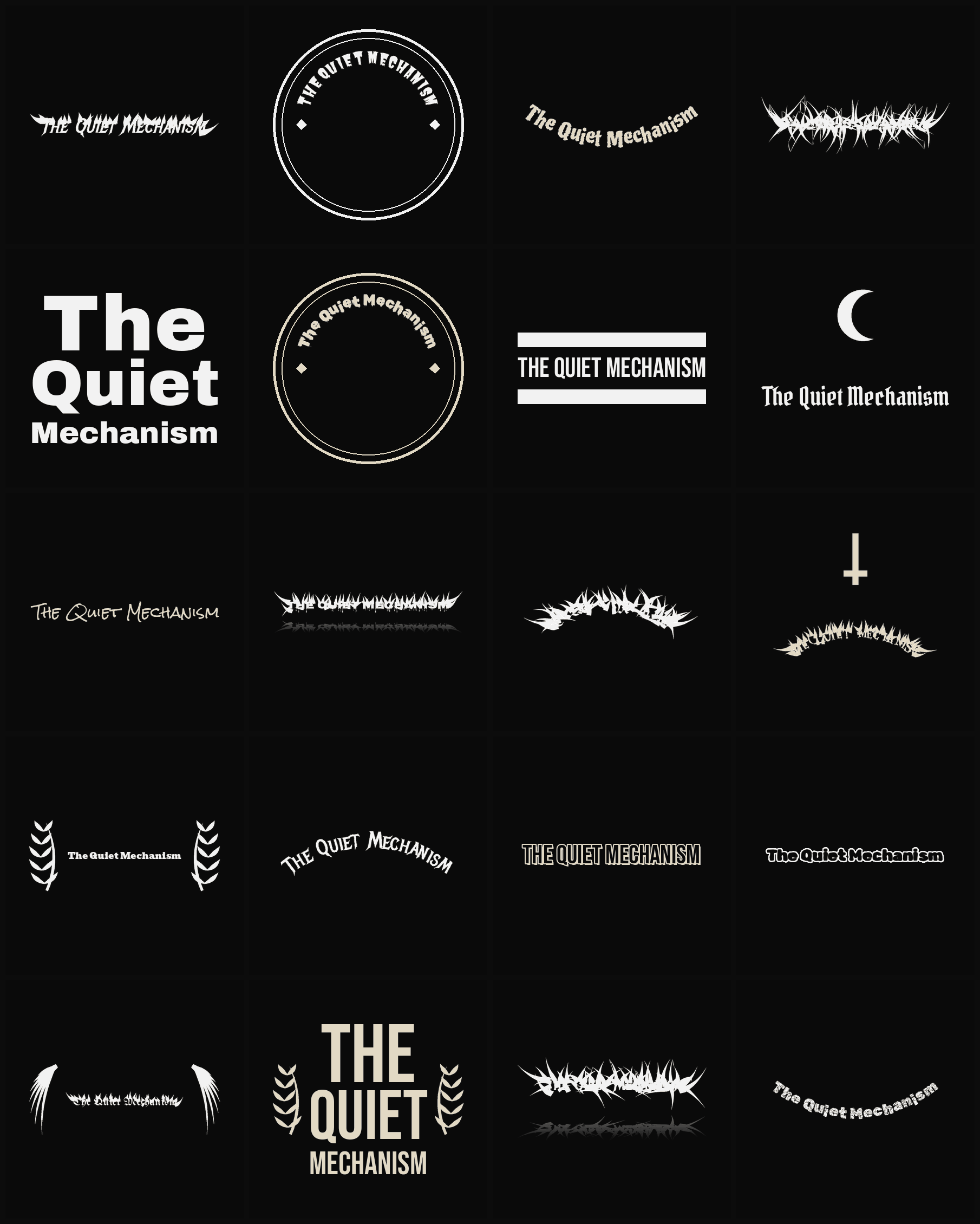 Twenty The Quiet Mechanism band logo ideas — different faces, treatments and spike settings