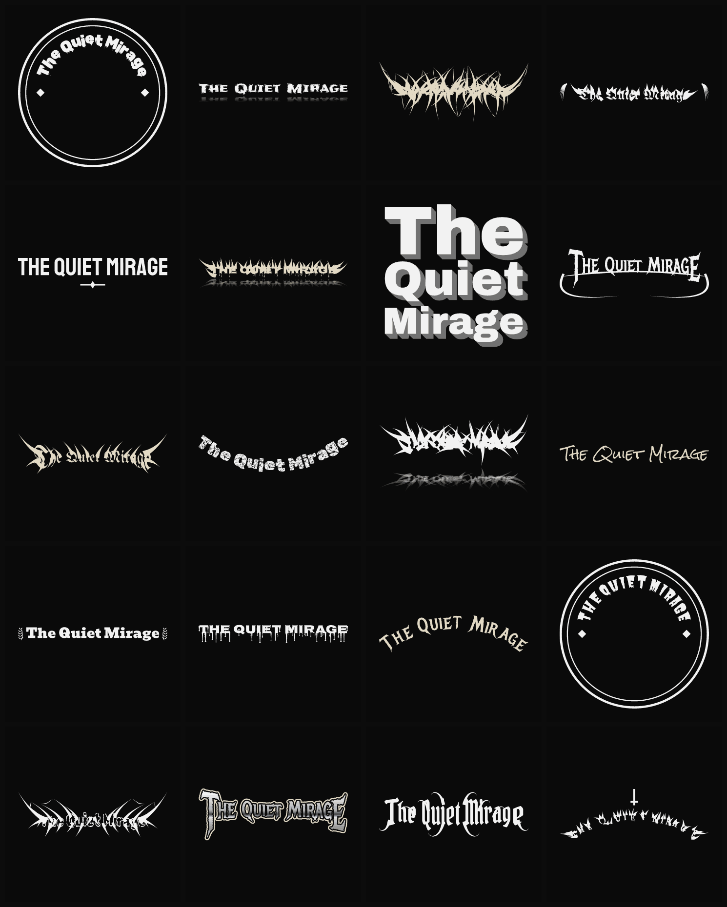 Twenty The Quiet Mirage band logo ideas — different faces, treatments and spike settings