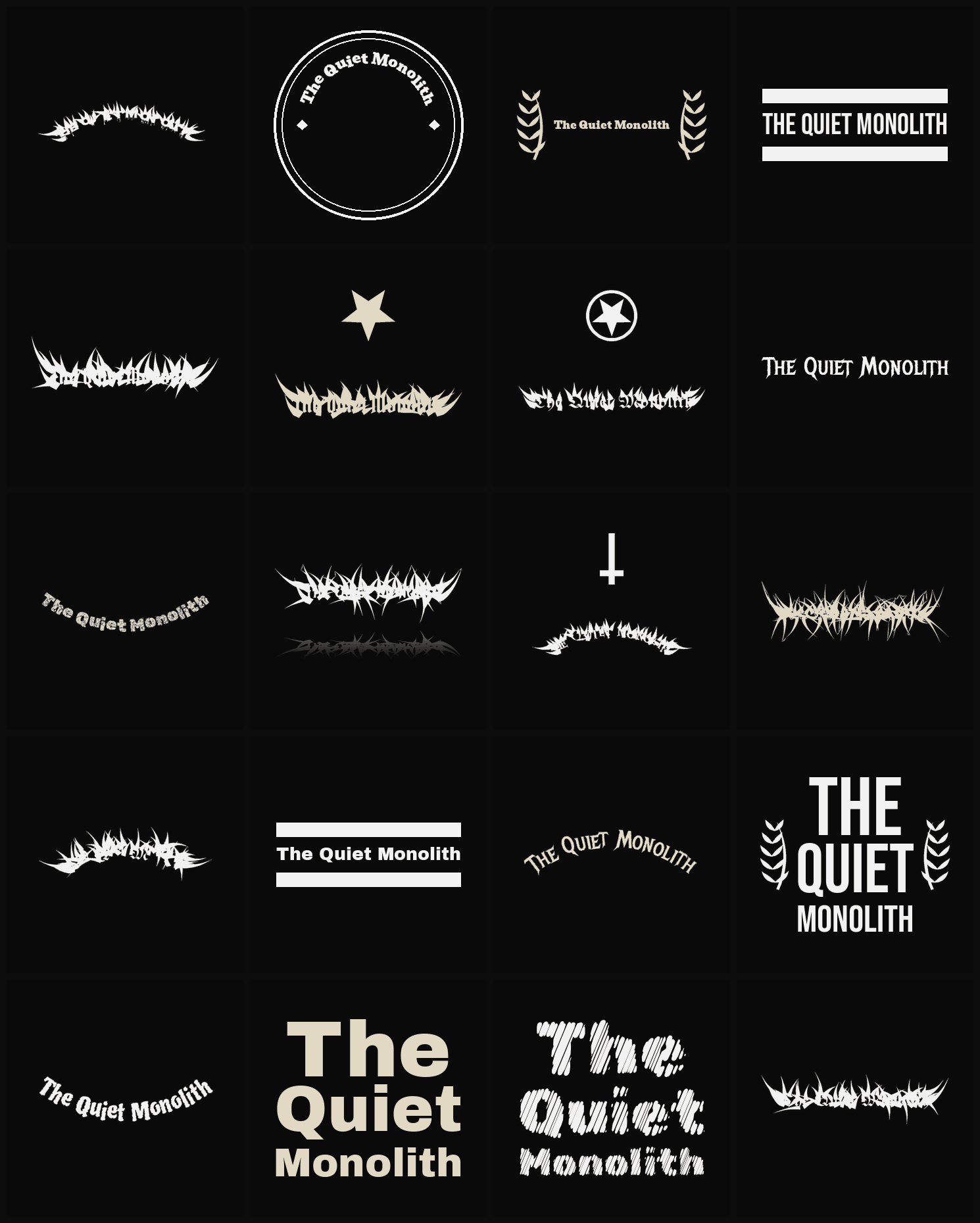 Twenty The Quiet Monolith band logo ideas — different faces, treatments and spike settings
