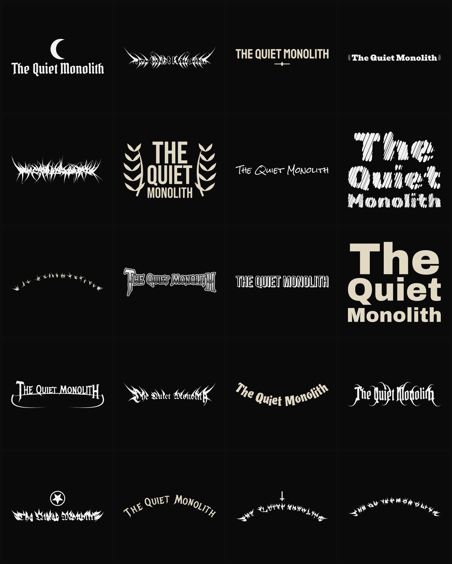 Twenty The Quiet Monolith band logo ideas — different faces, treatments and spike settings