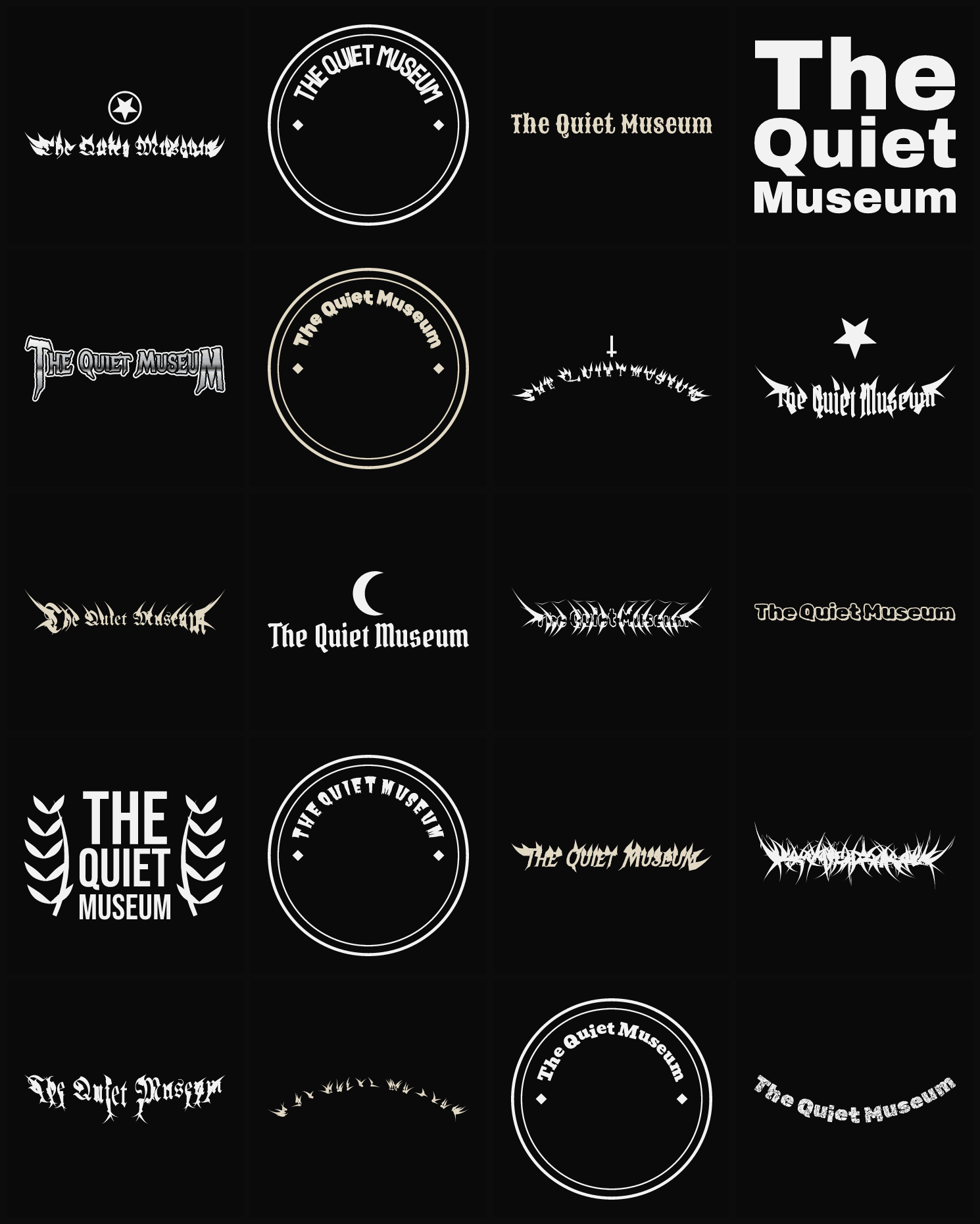 Twenty The Quiet Museum band logo ideas — different faces, treatments and spike settings
