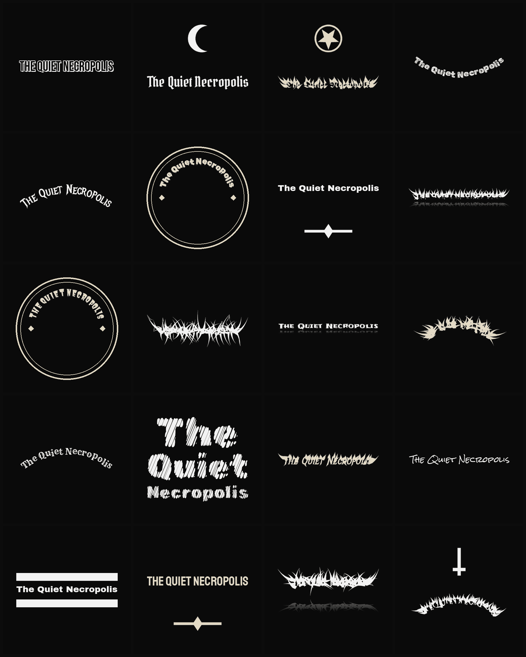 Twenty The Quiet Necropolis band logo ideas — different faces, treatments and spike settings