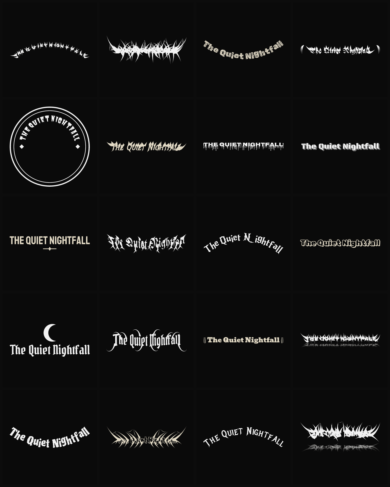 Twenty The Quiet Nightfall band logo ideas — different faces, treatments and spike settings