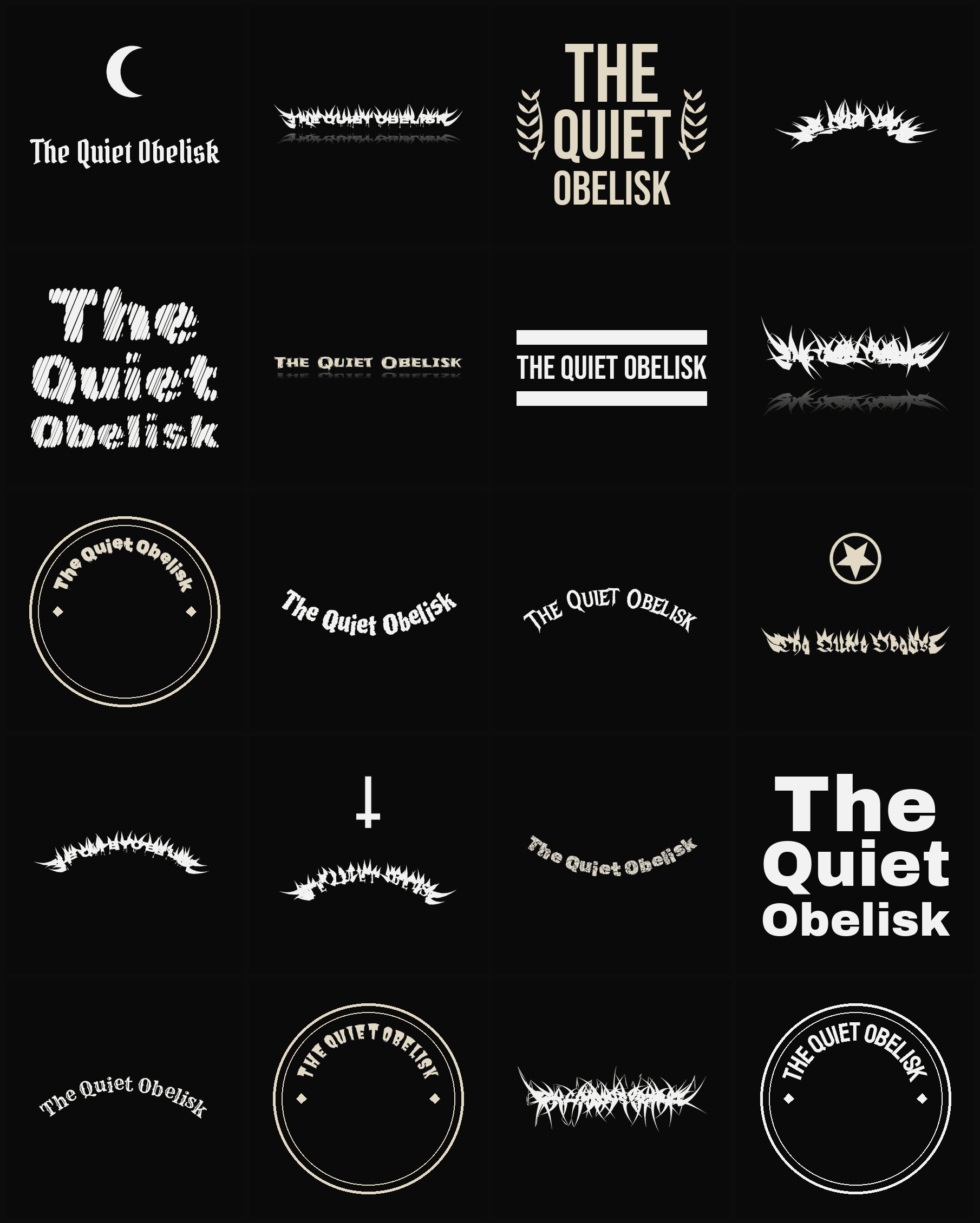 Twenty The Quiet Obelisk band logo ideas — different faces, treatments and spike settings