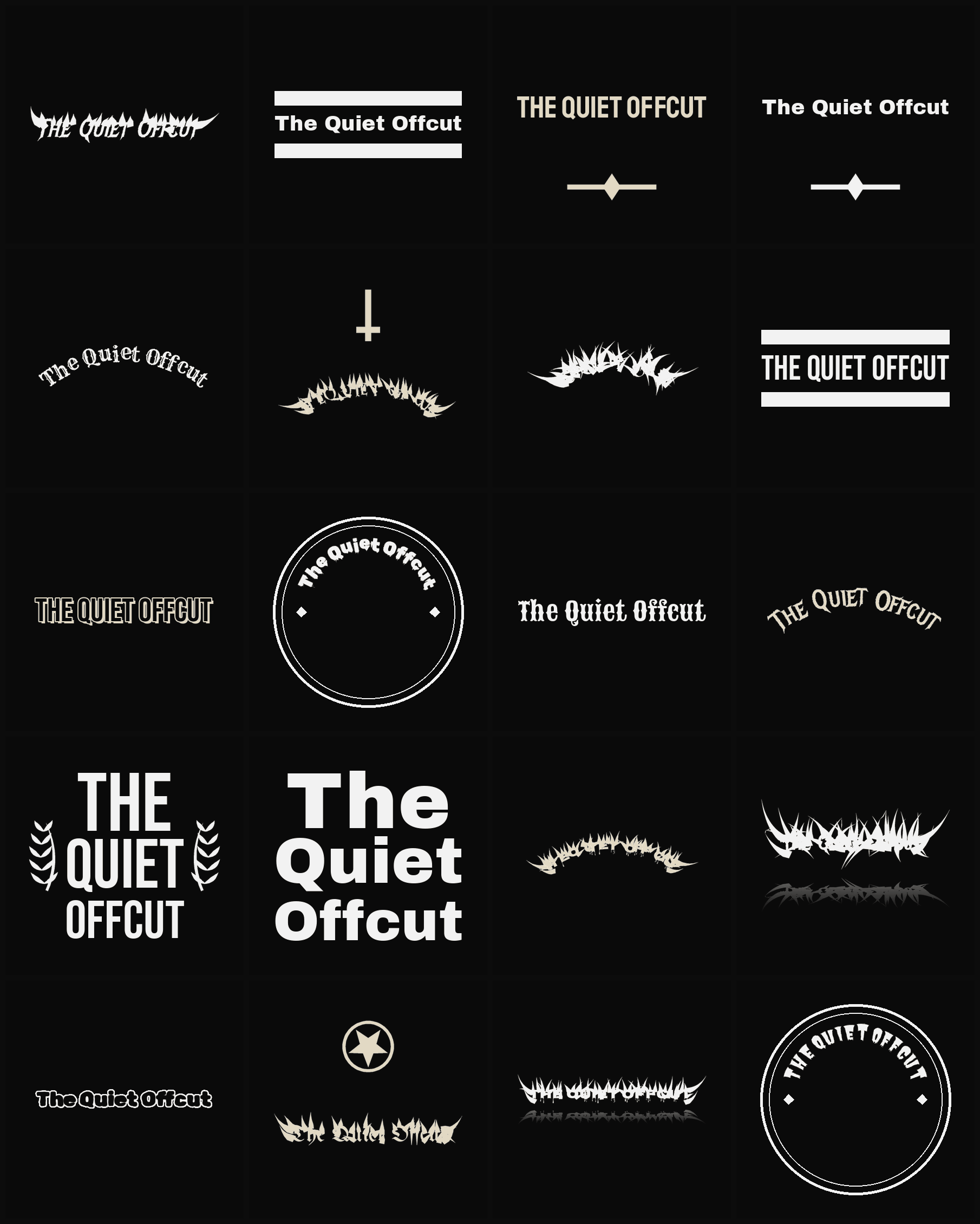 Twenty The Quiet Offcut band logo ideas — different faces, treatments and spike settings