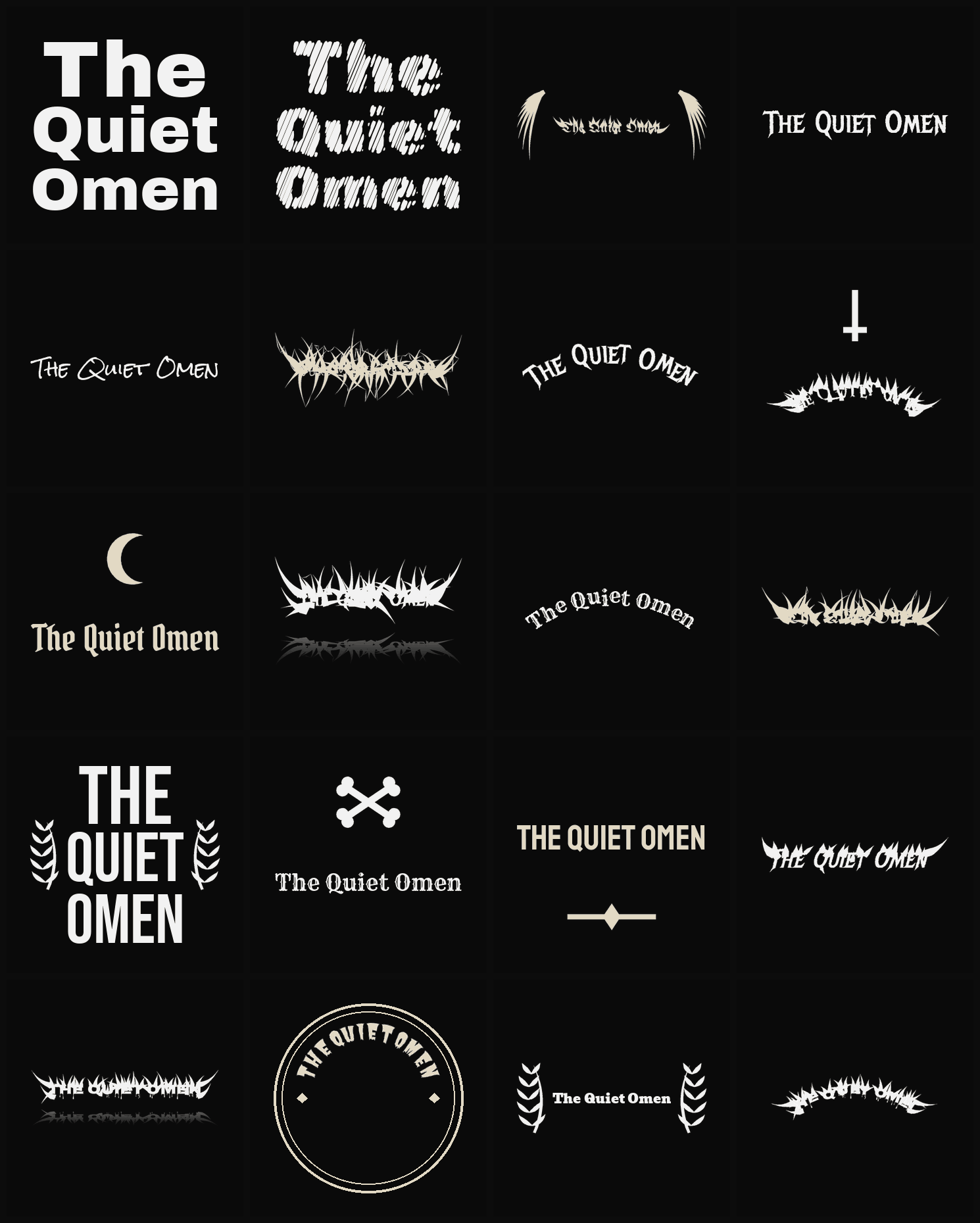Twenty The Quiet Omen band logo ideas — different faces, treatments and spike settings