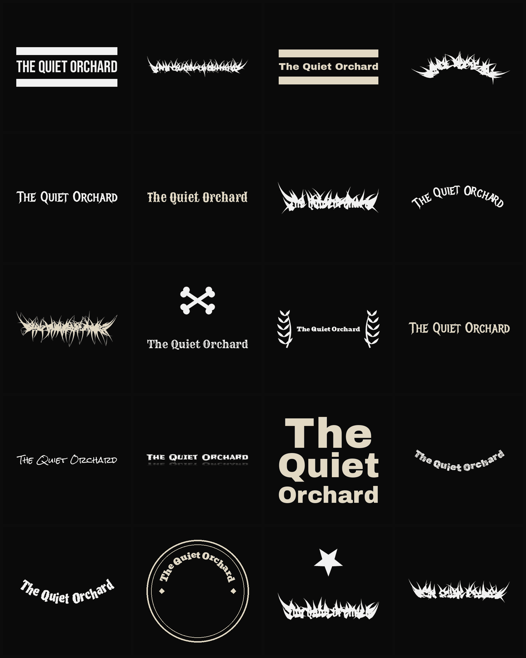 Twenty The Quiet Orchard band logo ideas — different faces, treatments and spike settings