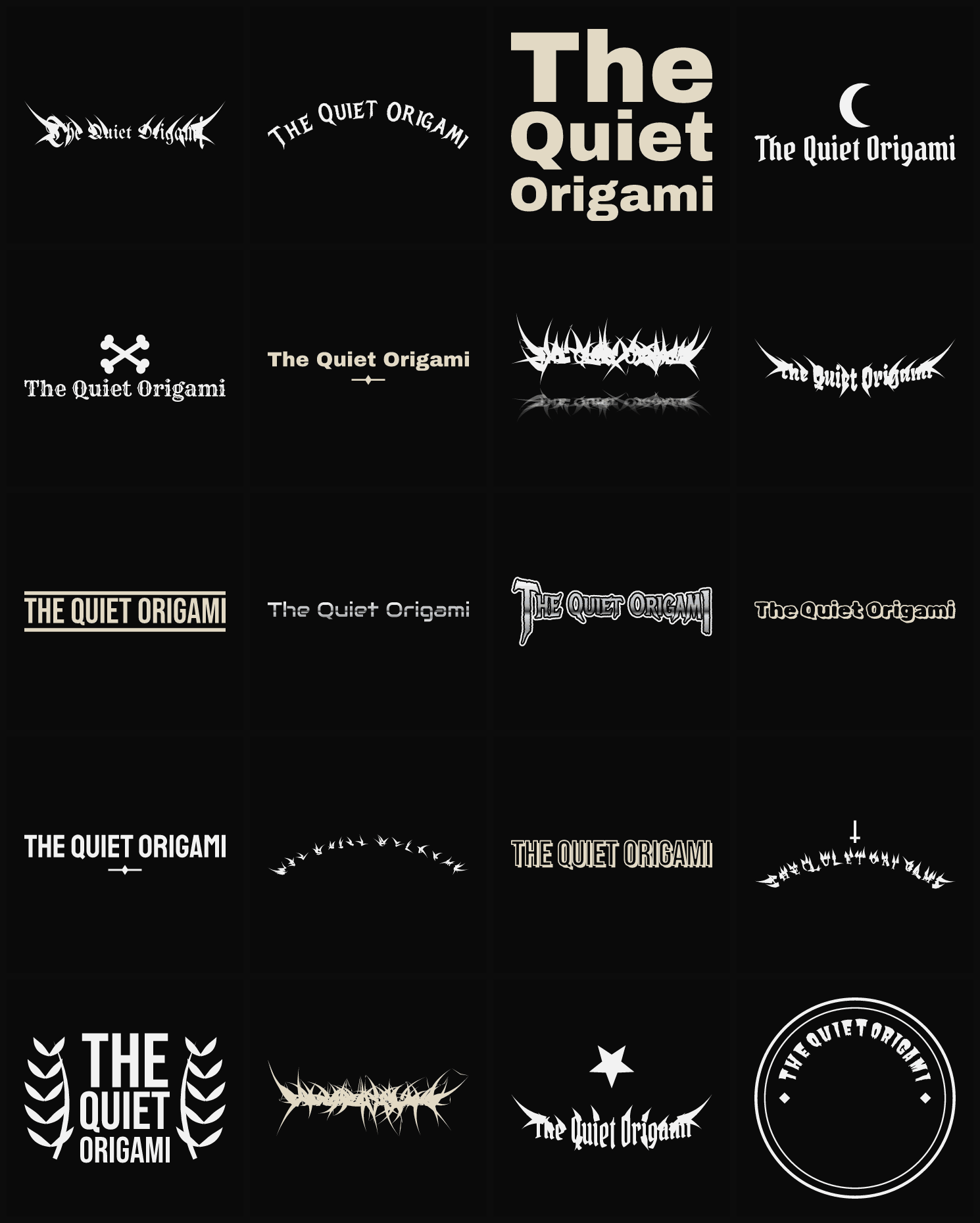 Twenty The Quiet Origami band logo ideas — different faces, treatments and spike settings