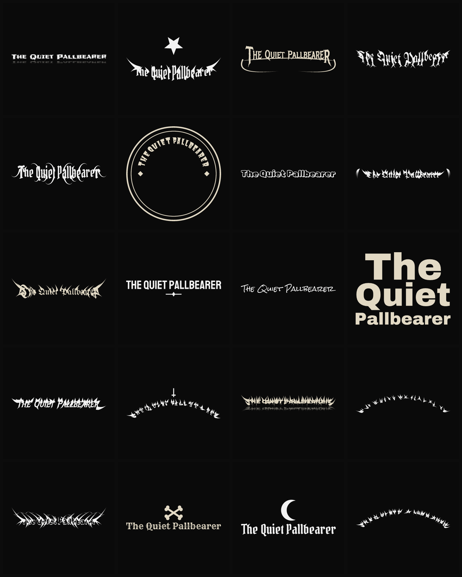 Twenty The Quiet Pallbearer band logo ideas — different faces, treatments and spike settings