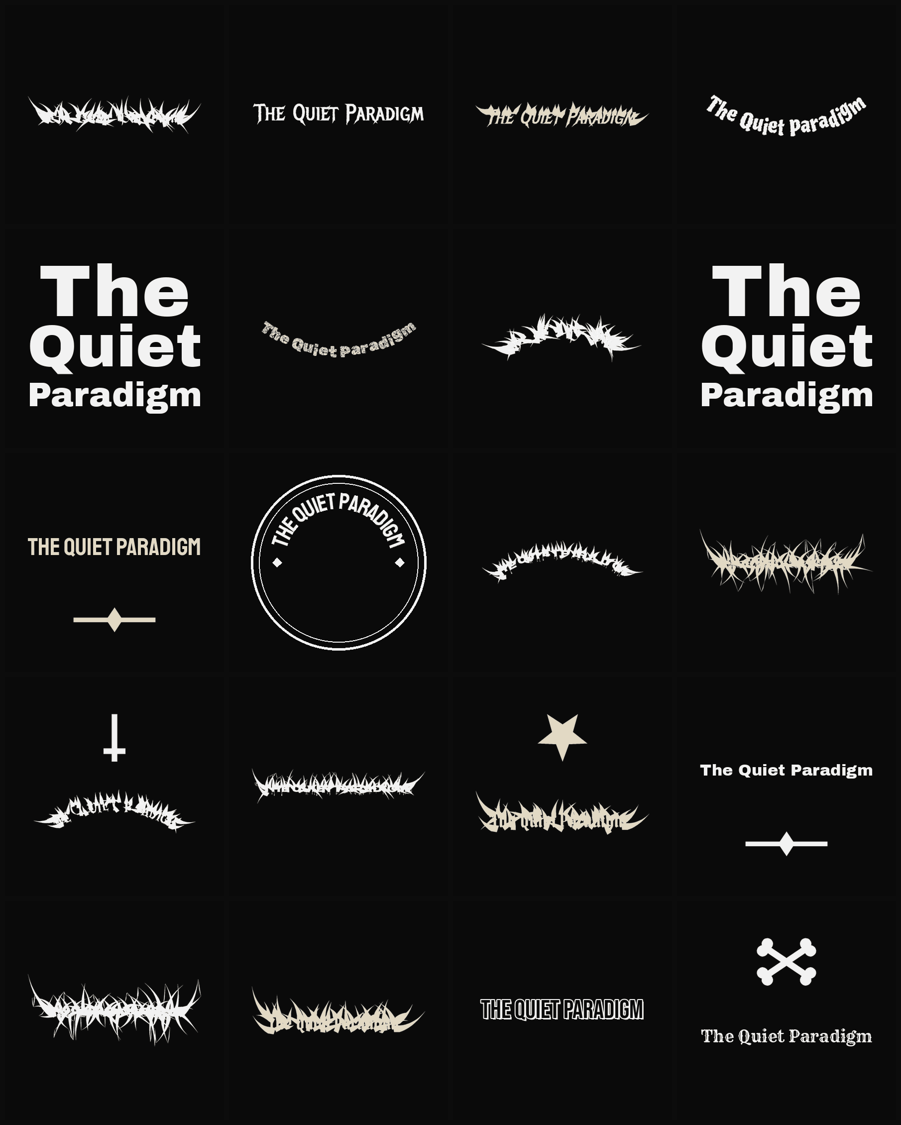 Twenty The Quiet Paradigm band logo ideas — different faces, treatments and spike settings