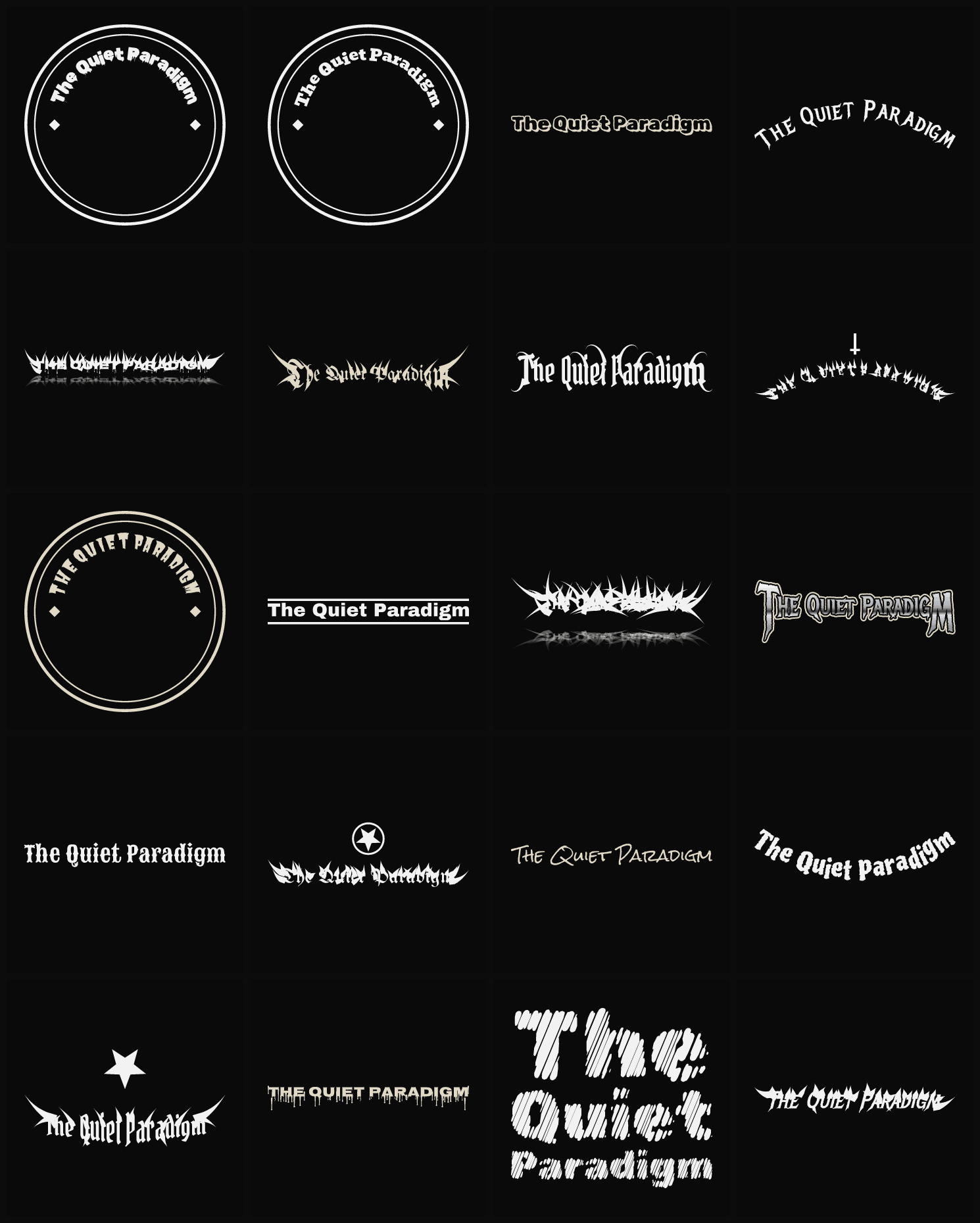 Twenty The Quiet Paradigm band logo ideas — different faces, treatments and spike settings