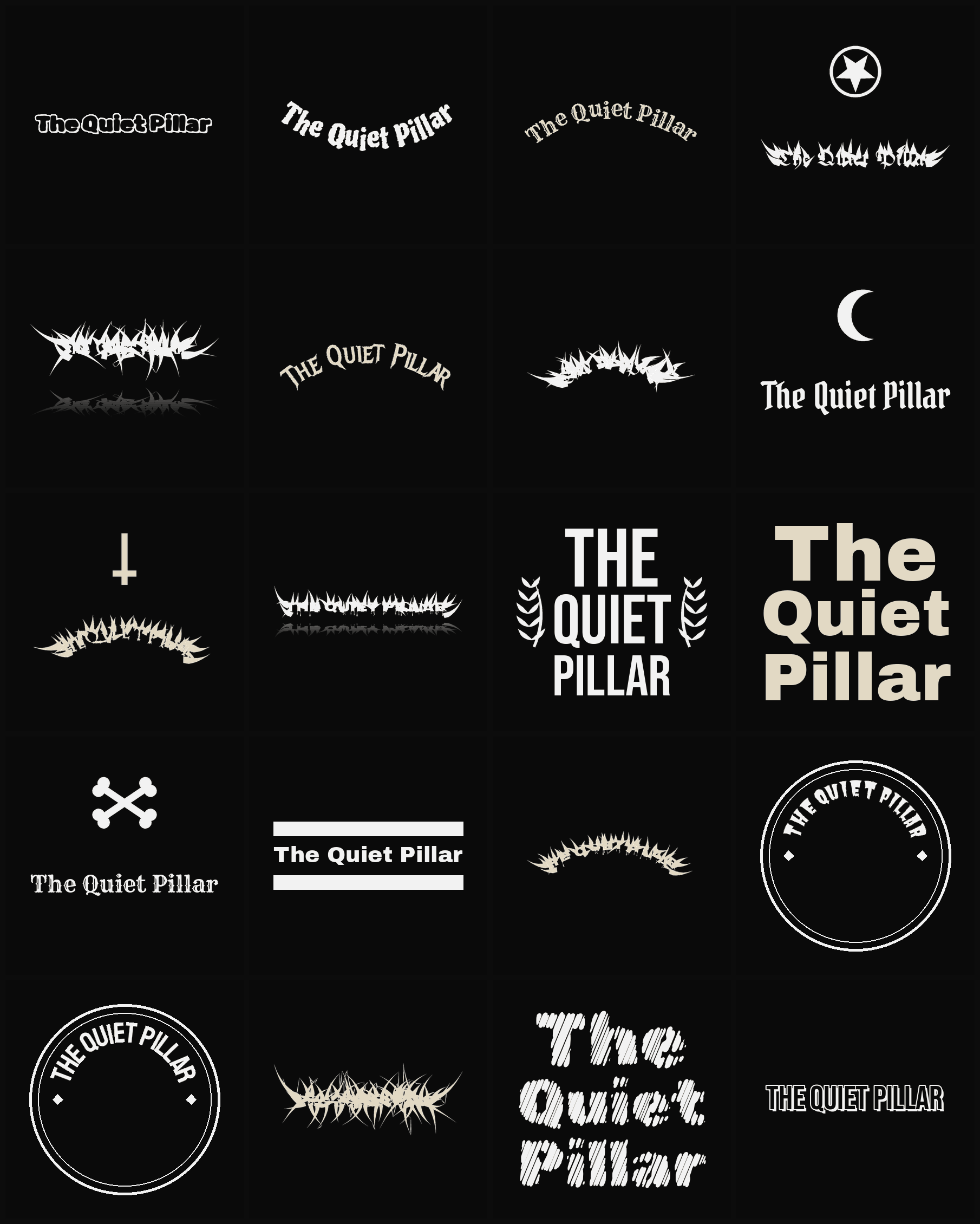 Twenty The Quiet Pillar band logo ideas — different faces, treatments and spike settings