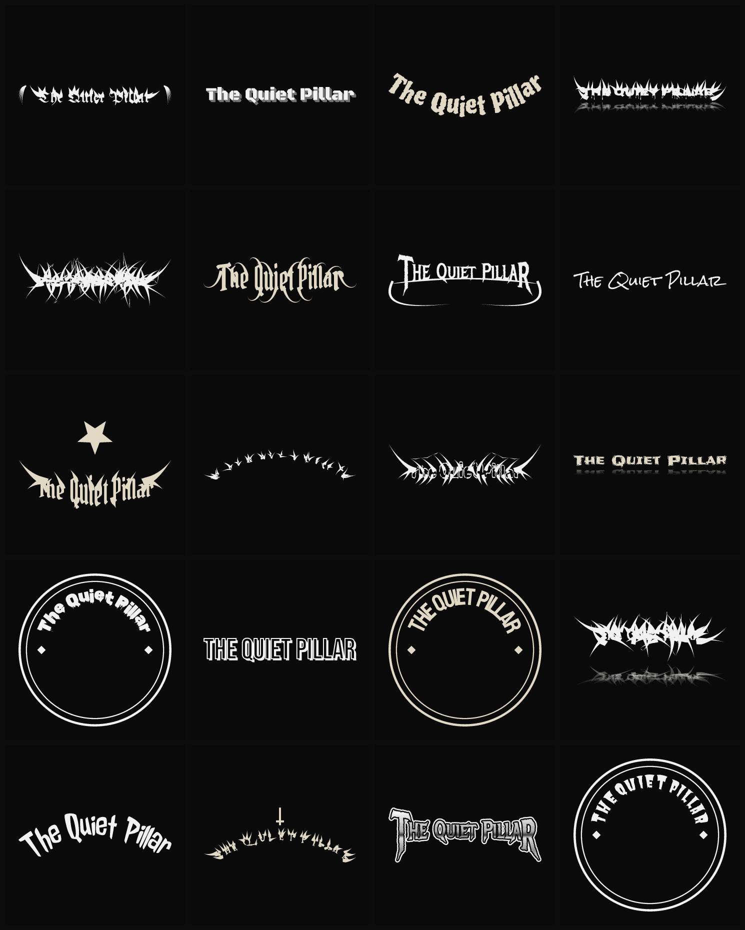 Twenty The Quiet Pillar band logo ideas — different faces, treatments and spike settings