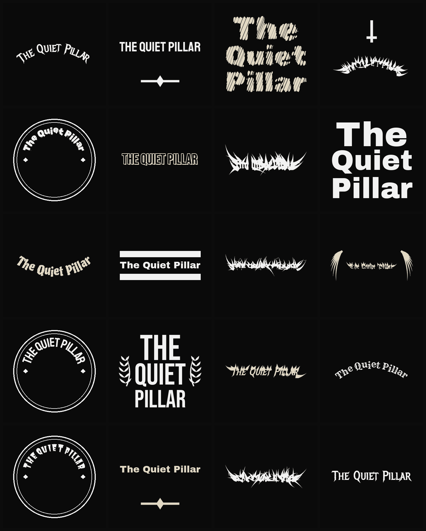 Twenty The Quiet Pillar band logo ideas — different faces, treatments and spike settings