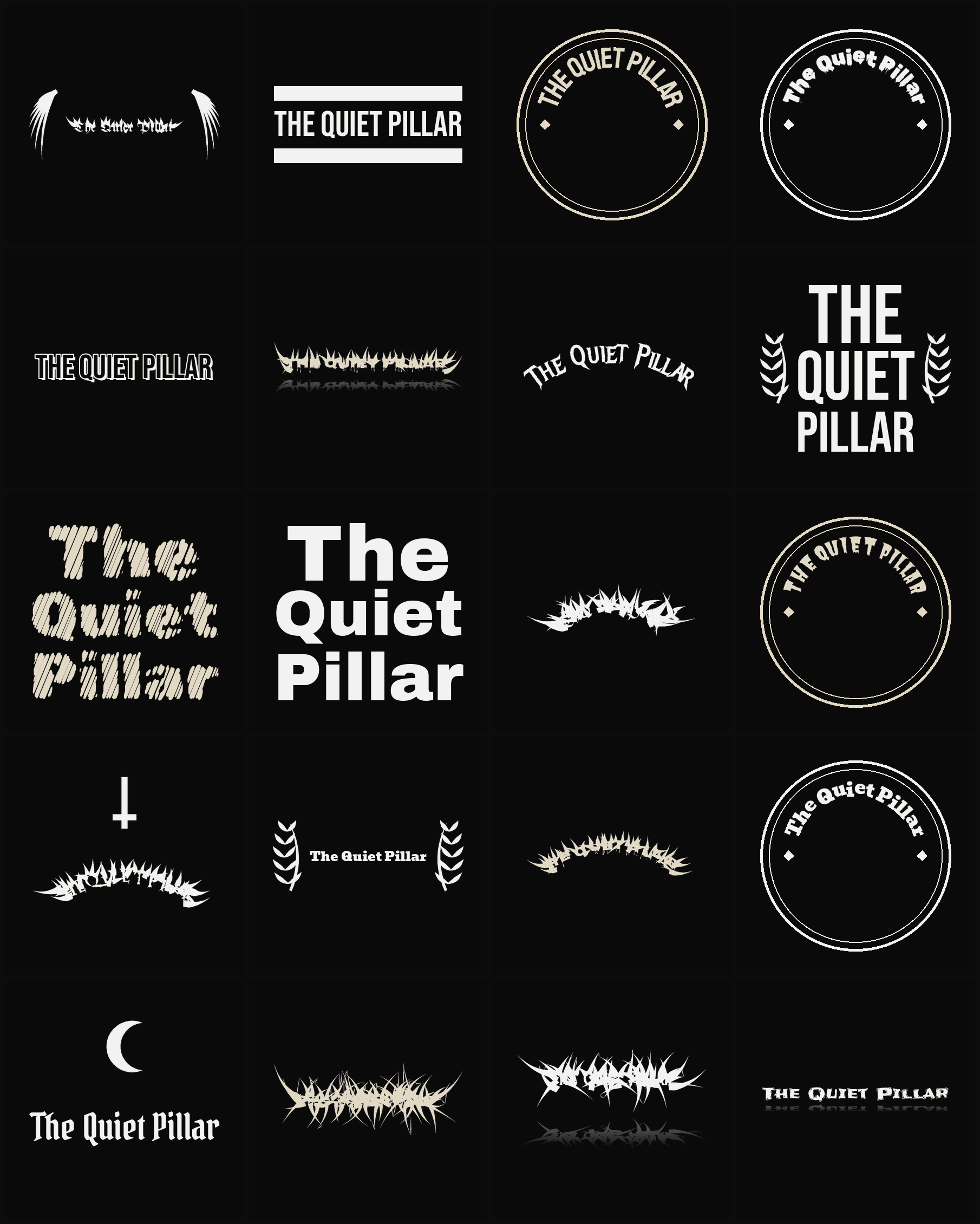 Twenty The Quiet Pillar band logo ideas — different faces, treatments and spike settings