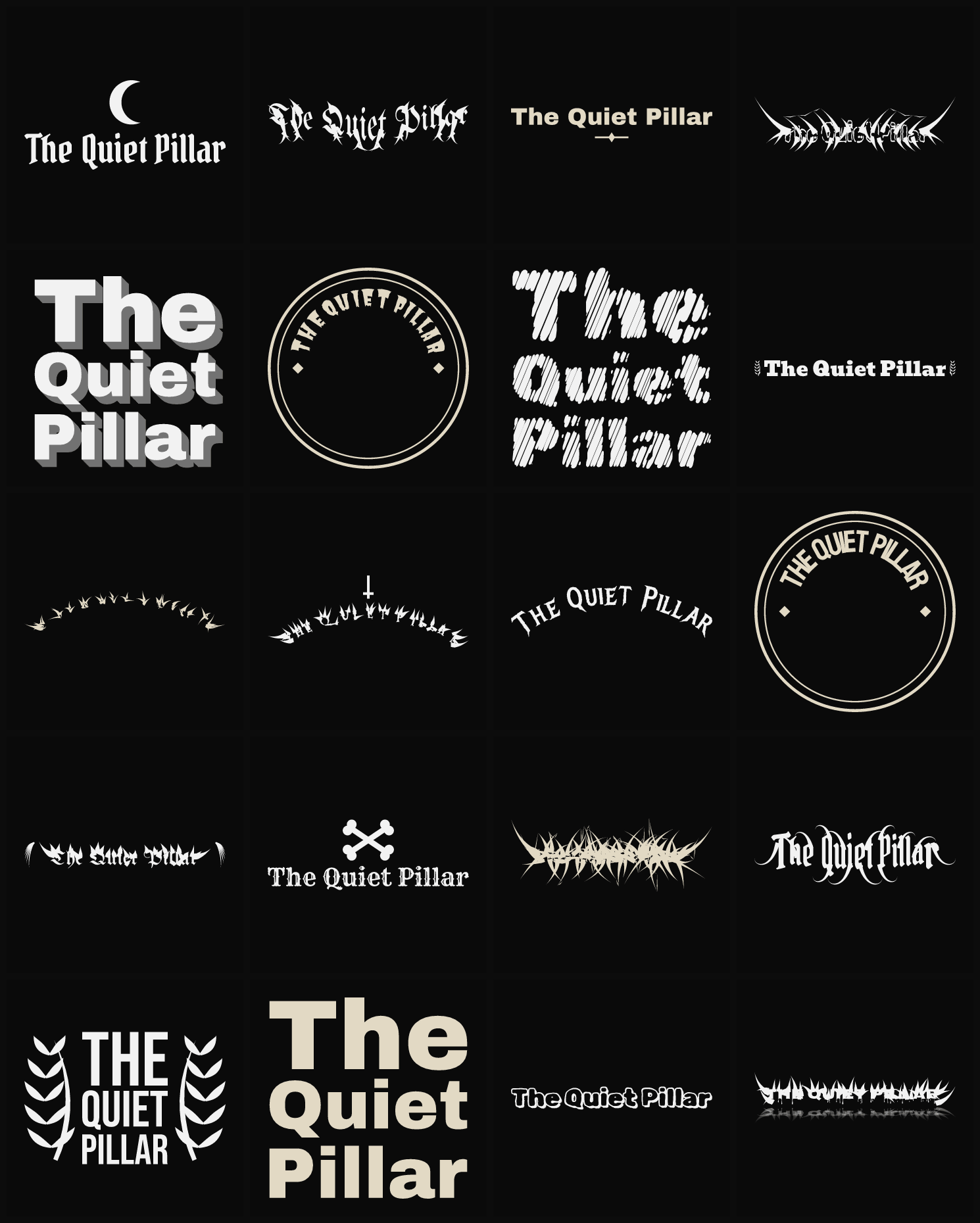 Twenty The Quiet Pillar band logo ideas — different faces, treatments and spike settings