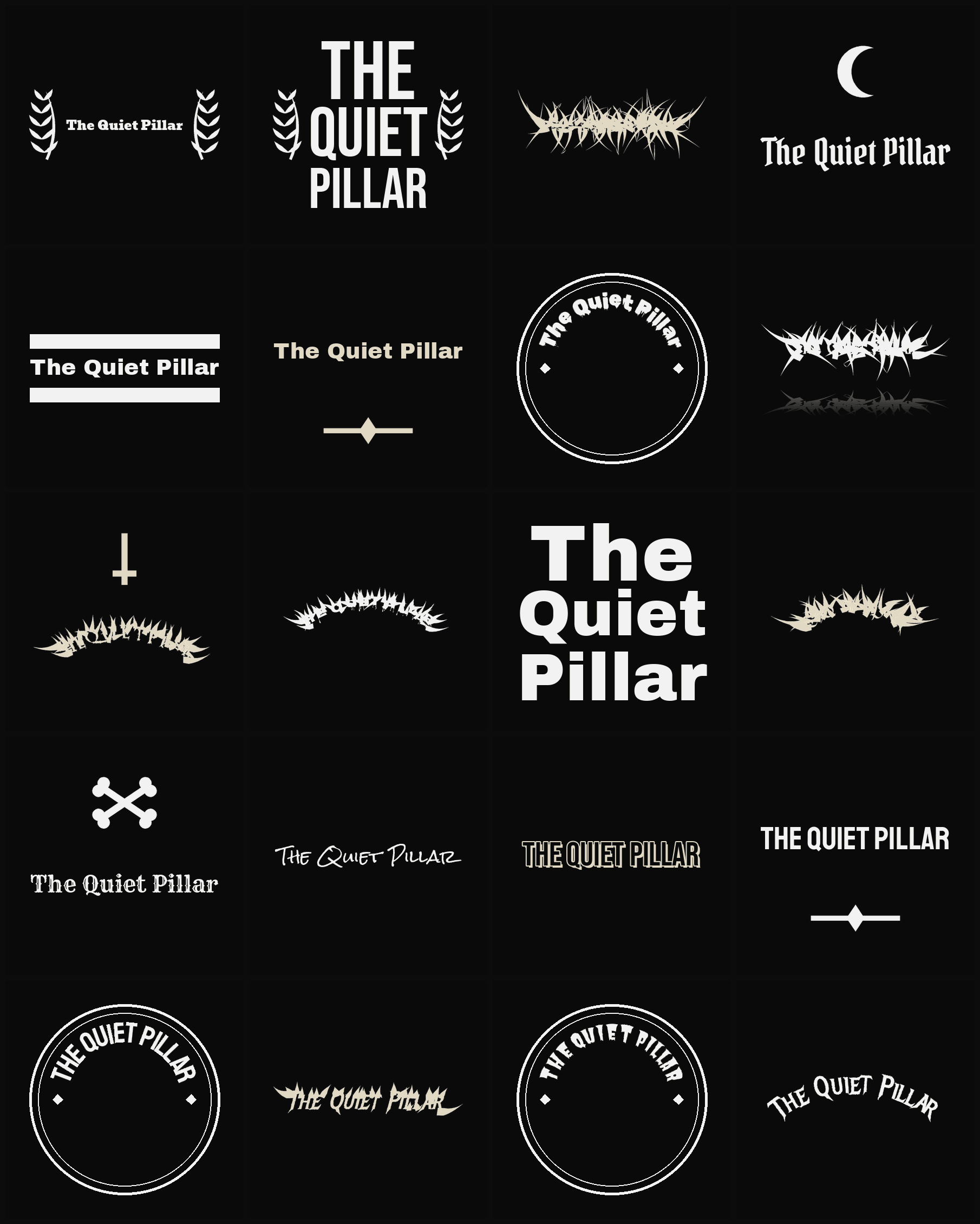Twenty The Quiet Pillar band logo ideas — different faces, treatments and spike settings