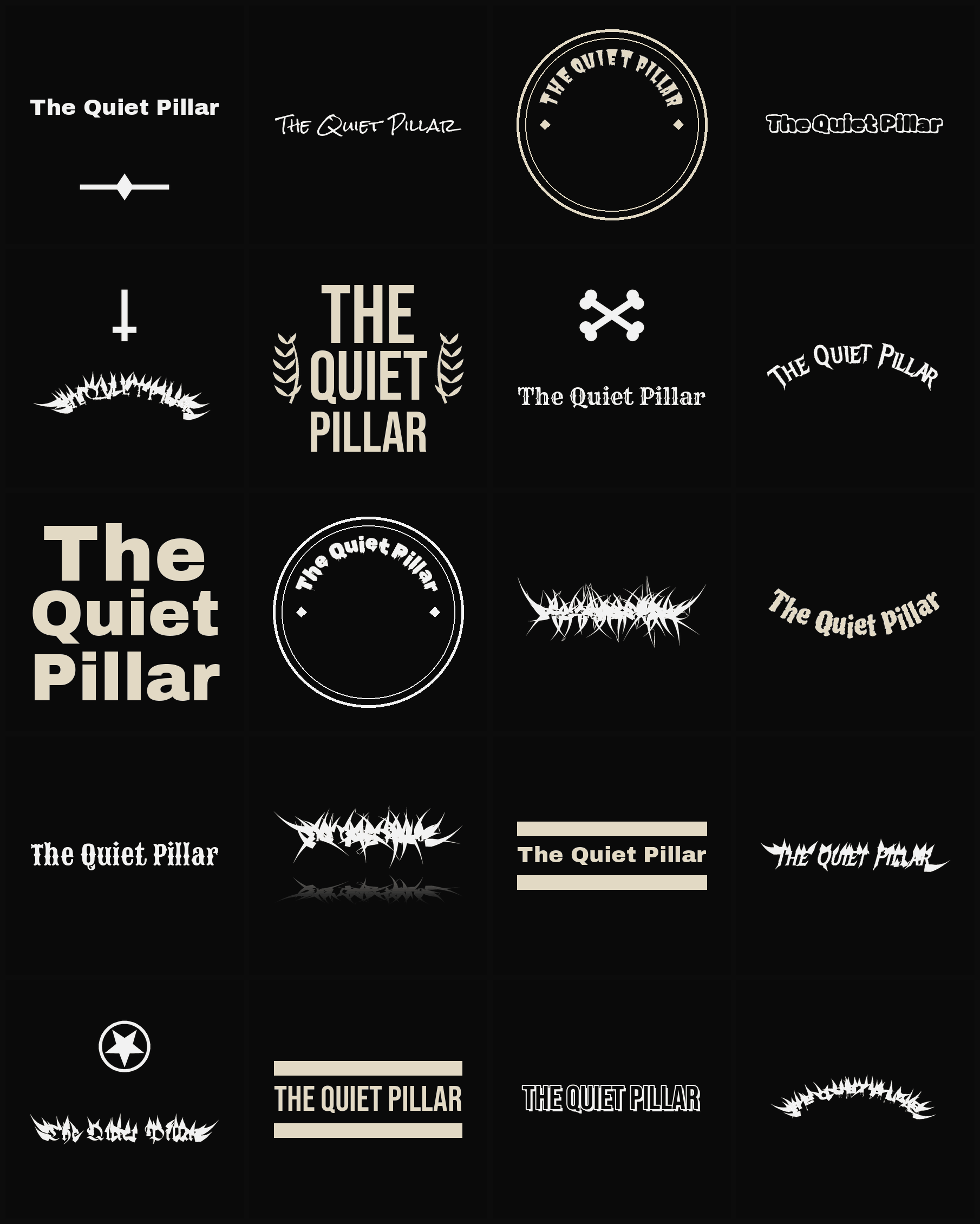 Twenty The Quiet Pillar band logo ideas — different faces, treatments and spike settings