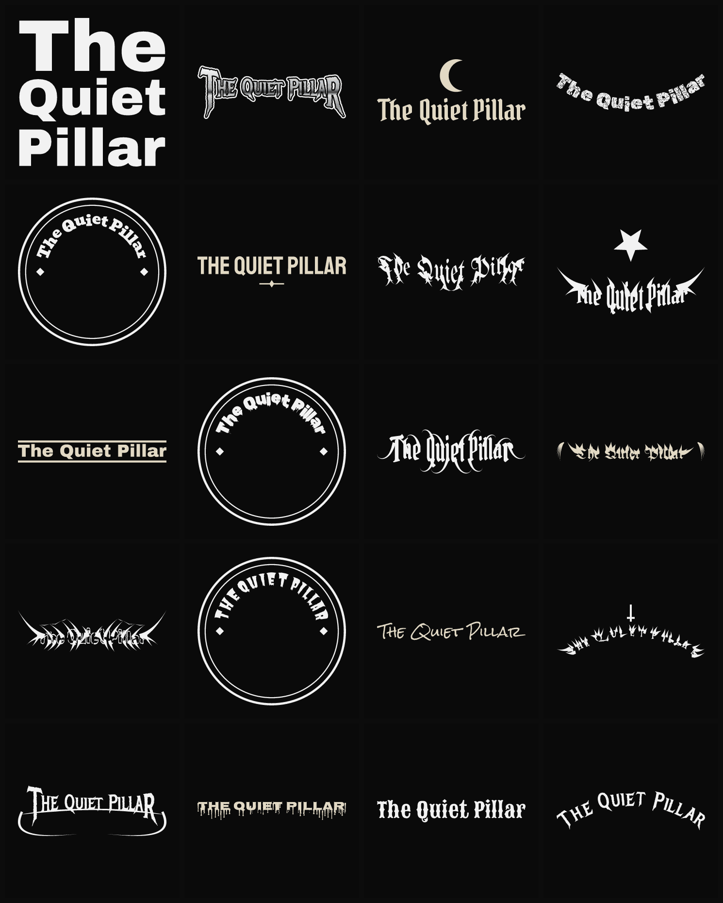 Twenty The Quiet Pillar band logo ideas — different faces, treatments and spike settings