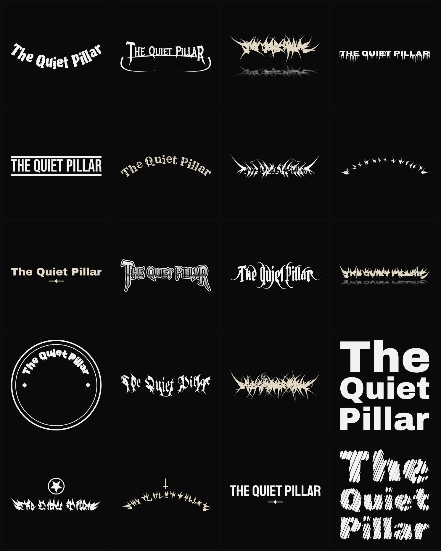 Twenty The Quiet Pillar band logo ideas — different faces, treatments and spike settings