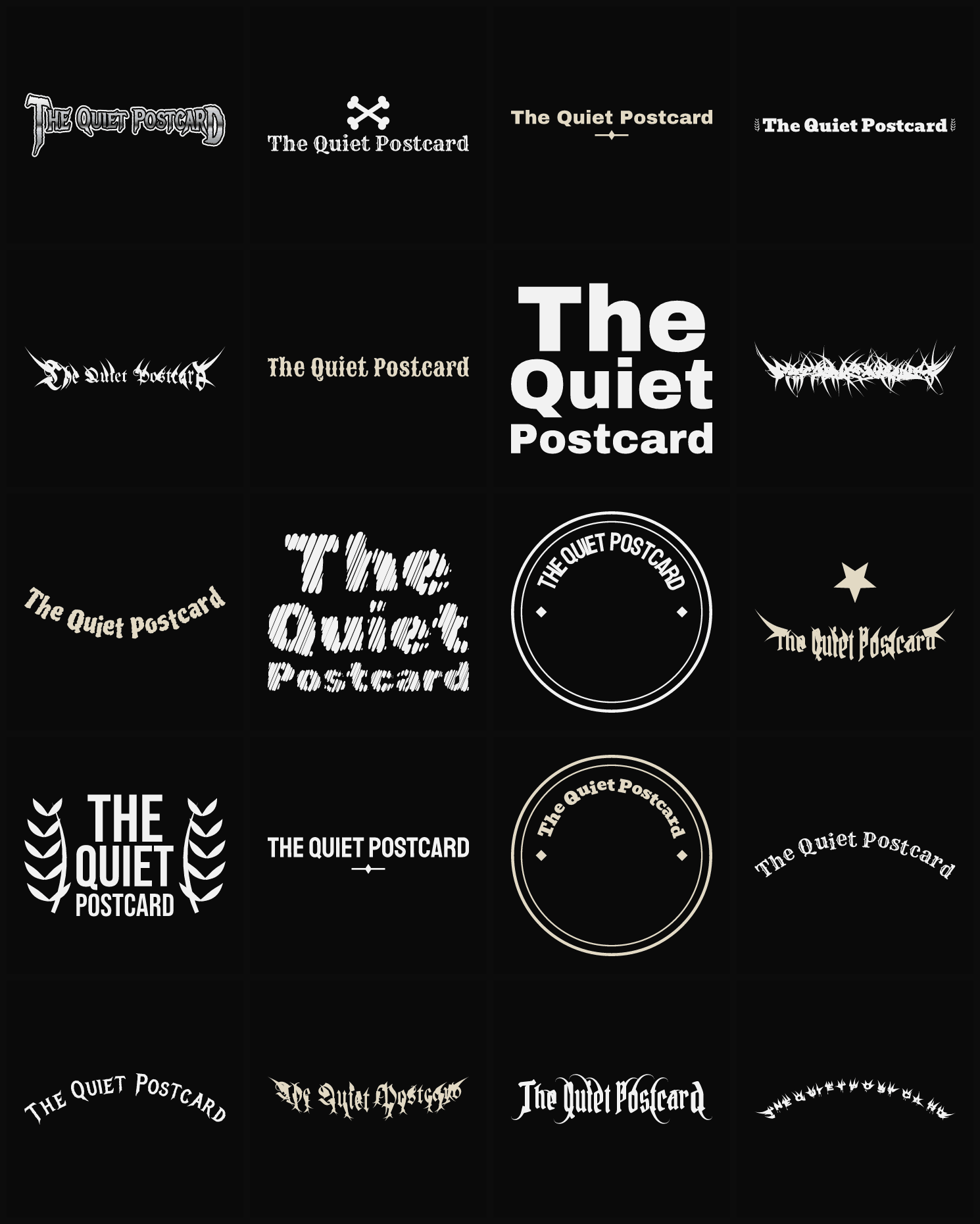 Twenty The Quiet Postcard band logo ideas — different faces, treatments and spike settings