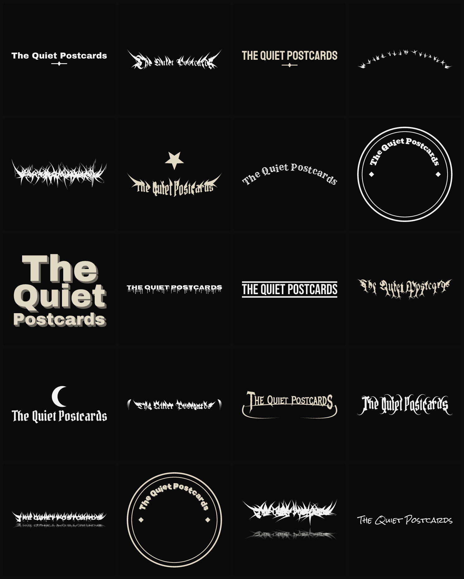 Twenty The Quiet Postcards band logo ideas — different faces, treatments and spike settings