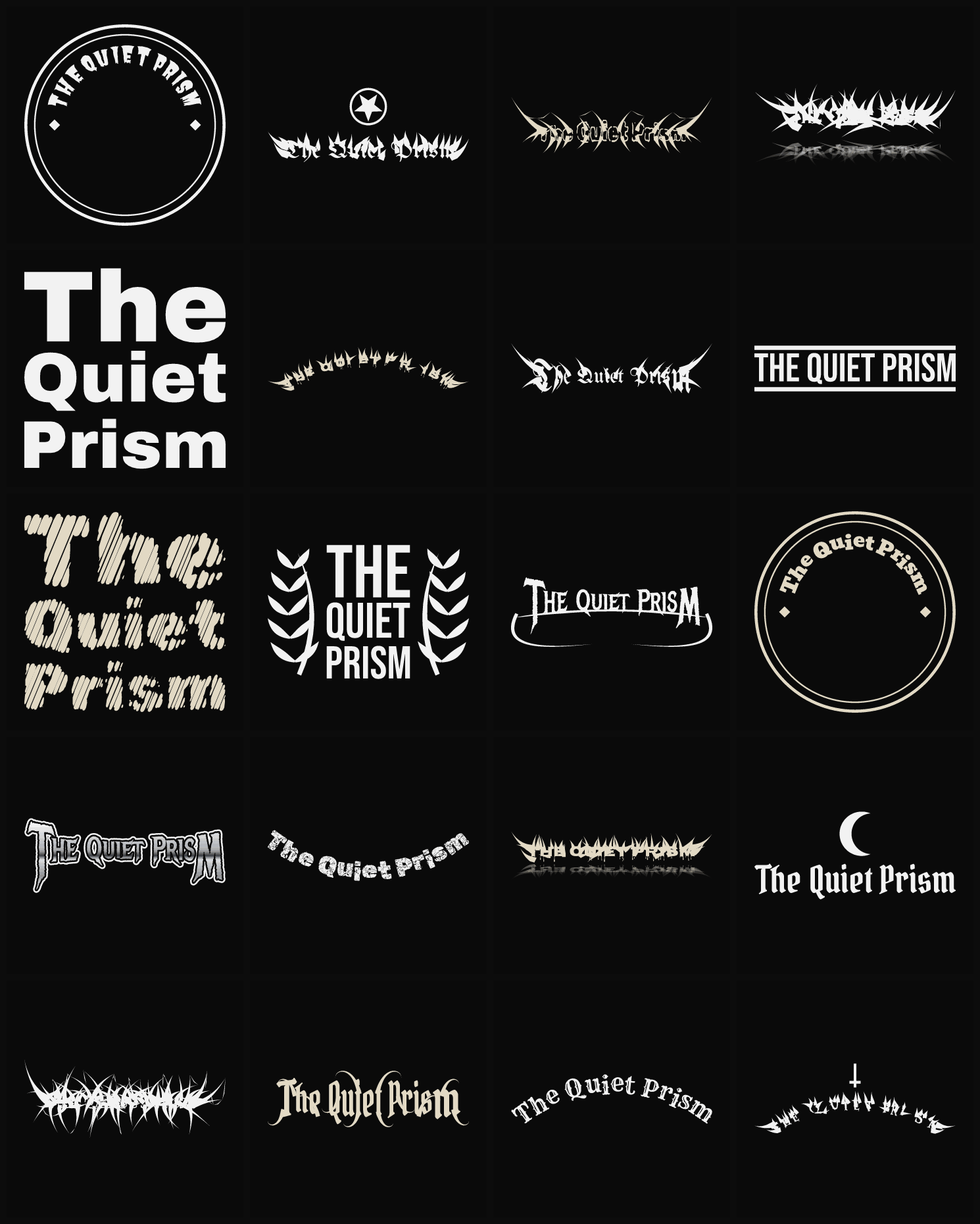 Twenty The Quiet Prism band logo ideas — different faces, treatments and spike settings