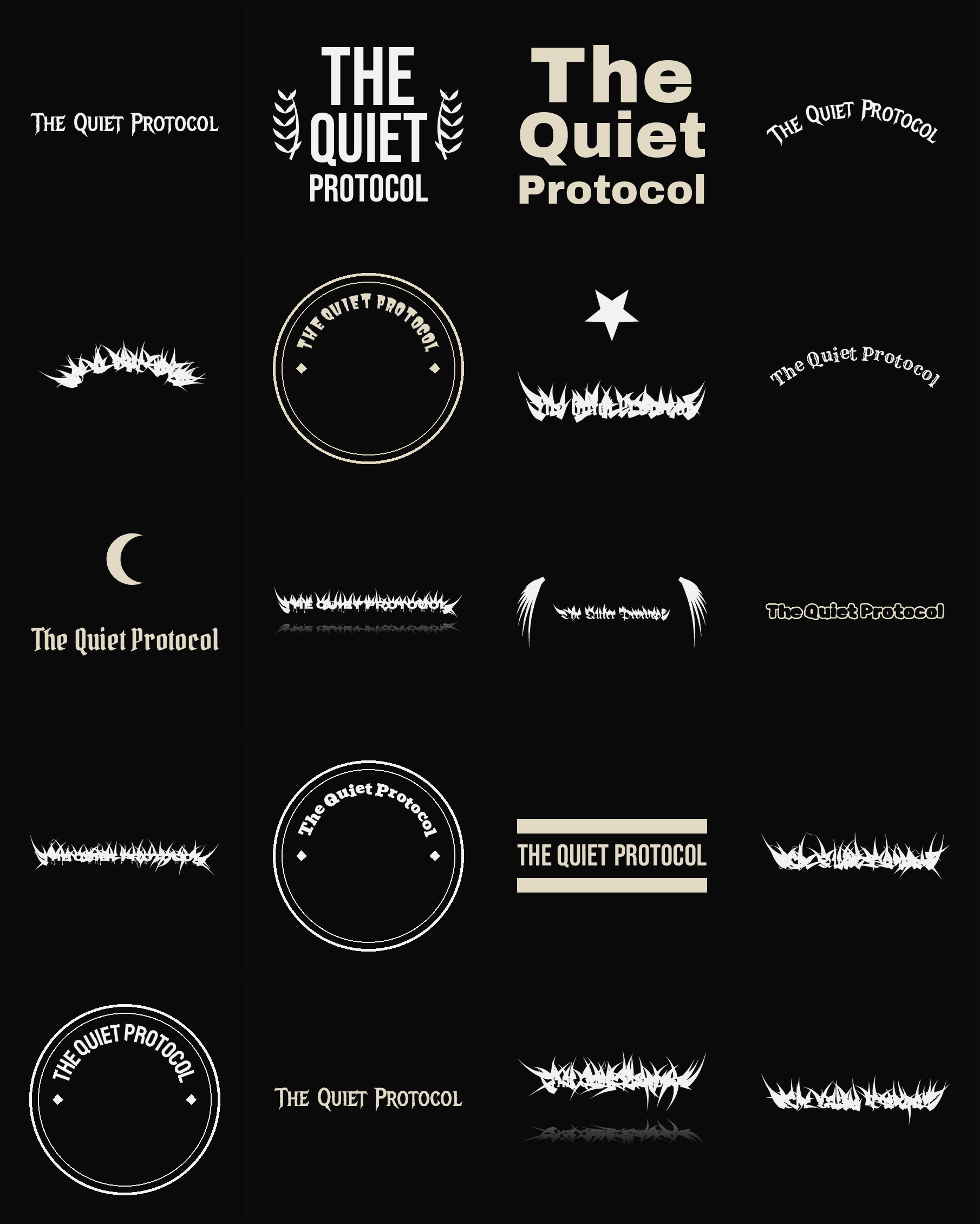 Twenty The Quiet Protocol band logo ideas — different faces, treatments and spike settings