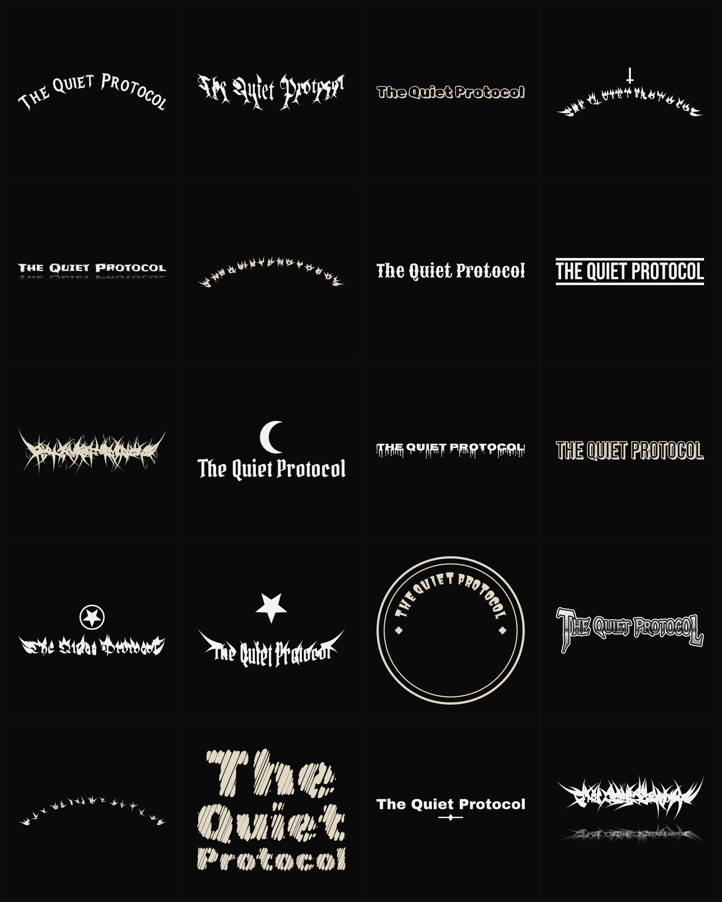 Twenty The Quiet Protocol band logo ideas — different faces, treatments and spike settings