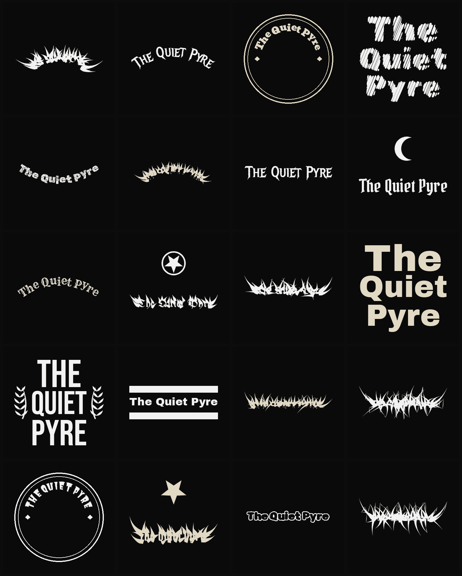 Twenty The Quiet Pyre band logo ideas — different faces, treatments and spike settings