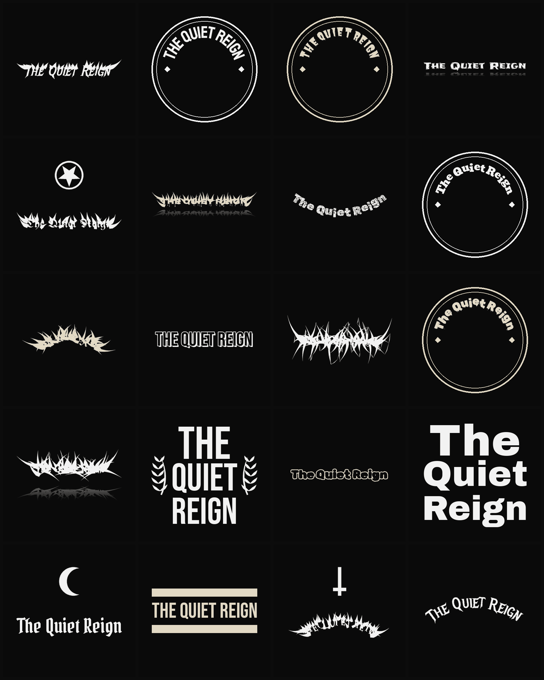 Twenty The Quiet Reign band logo ideas — different faces, treatments and spike settings