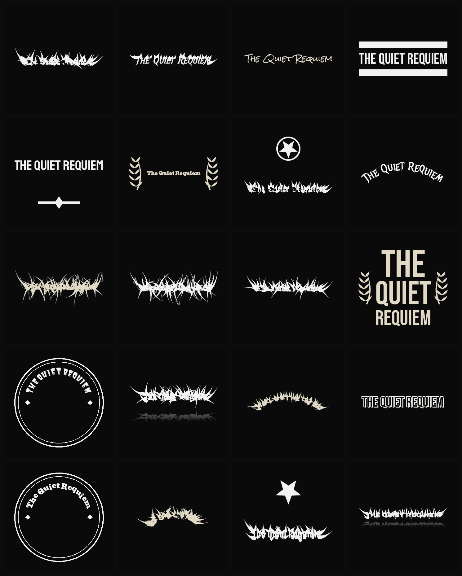 Twenty The Quiet Requiem band logo ideas — different faces, treatments and spike settings