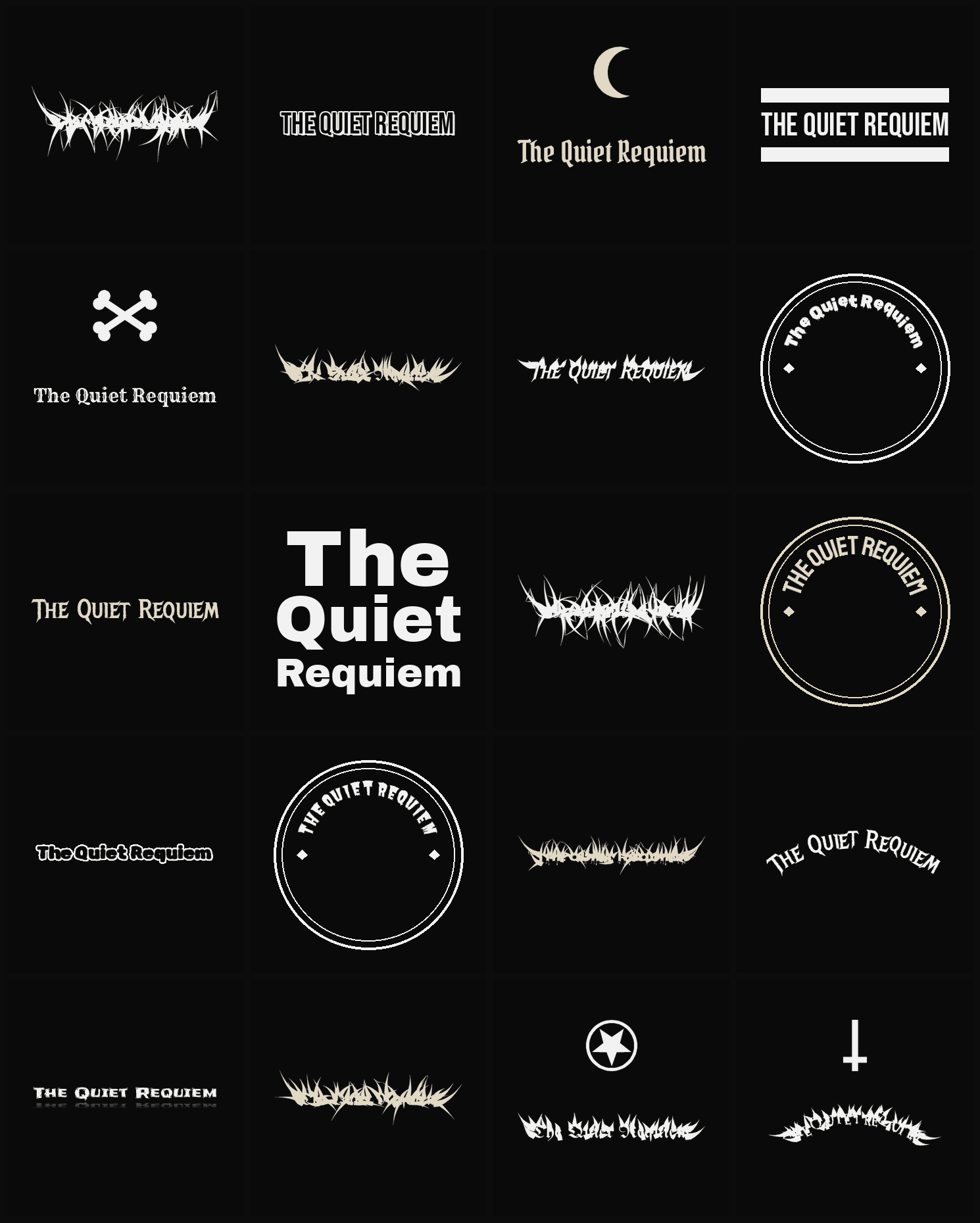 Twenty The Quiet Requiem band logo ideas — different faces, treatments and spike settings