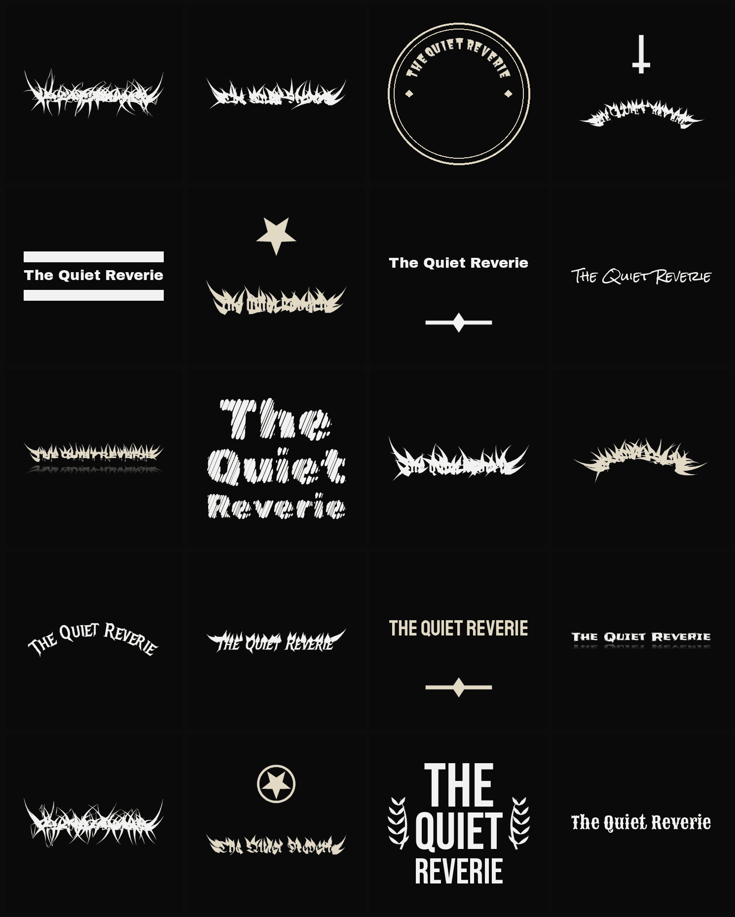 Twenty The Quiet Reverie band logo ideas — different faces, treatments and spike settings
