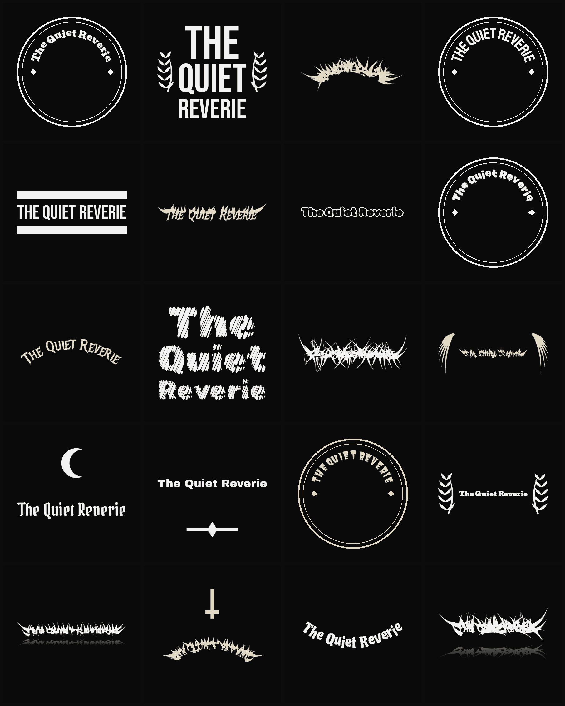 Twenty The Quiet Reverie band logo ideas — different faces, treatments and spike settings