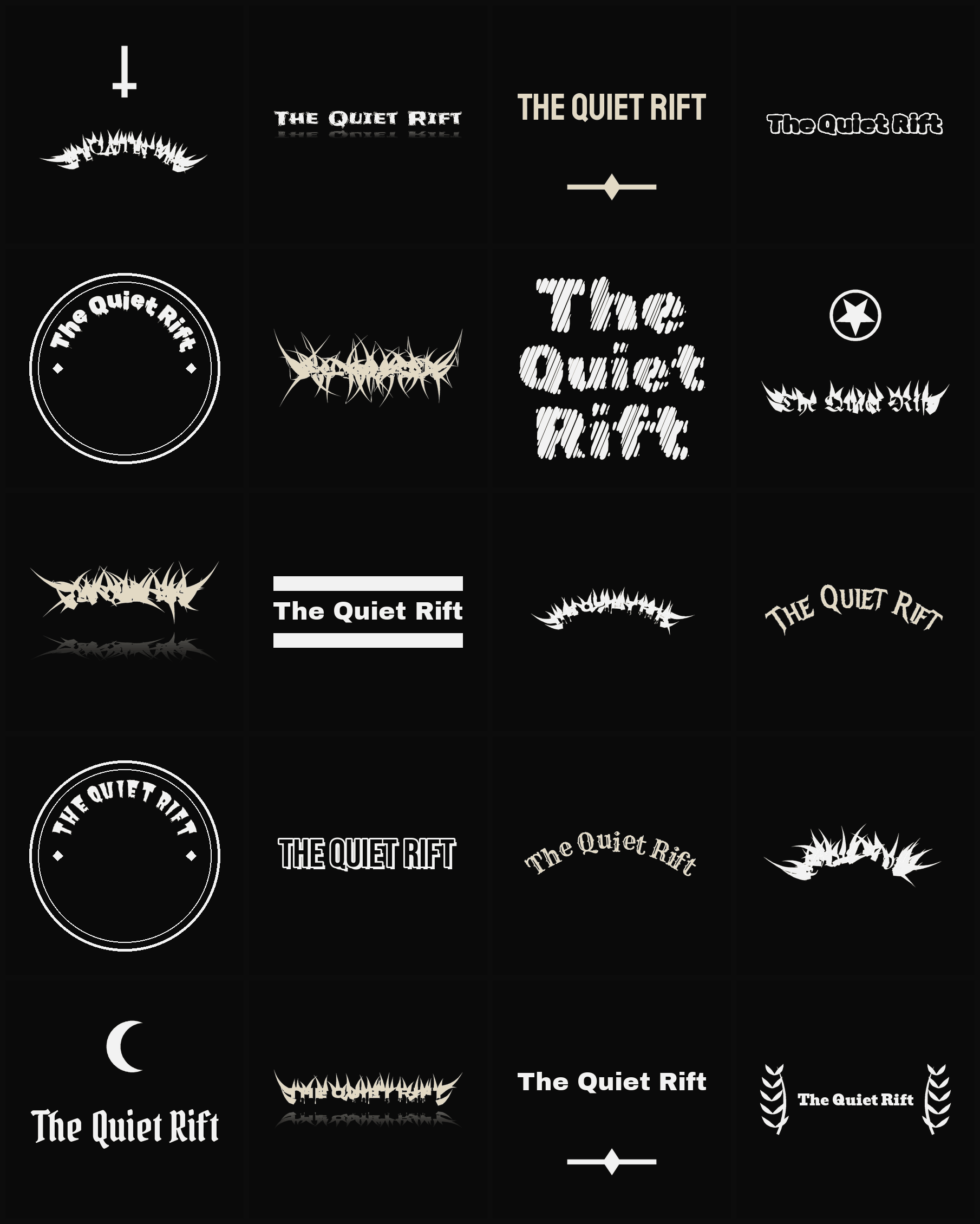 Twenty The Quiet Rift band logo ideas — different faces, treatments and spike settings