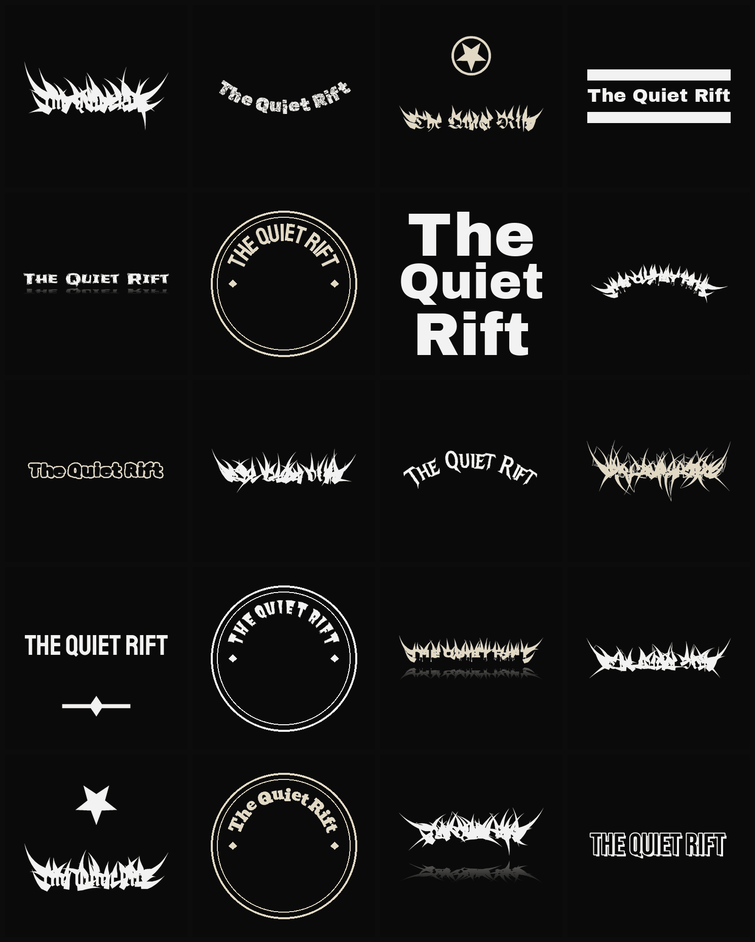 Twenty The Quiet Rift band logo ideas — different faces, treatments and spike settings