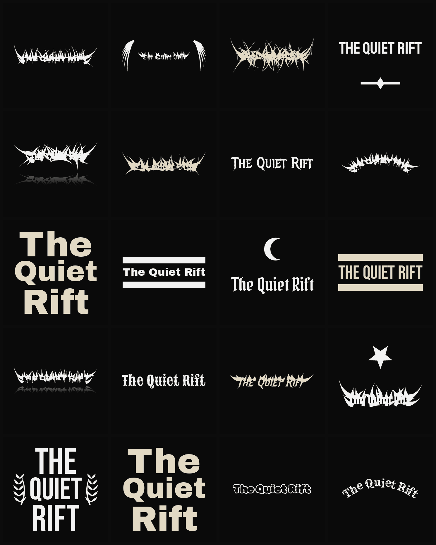 Twenty The Quiet Rift band logo ideas — different faces, treatments and spike settings