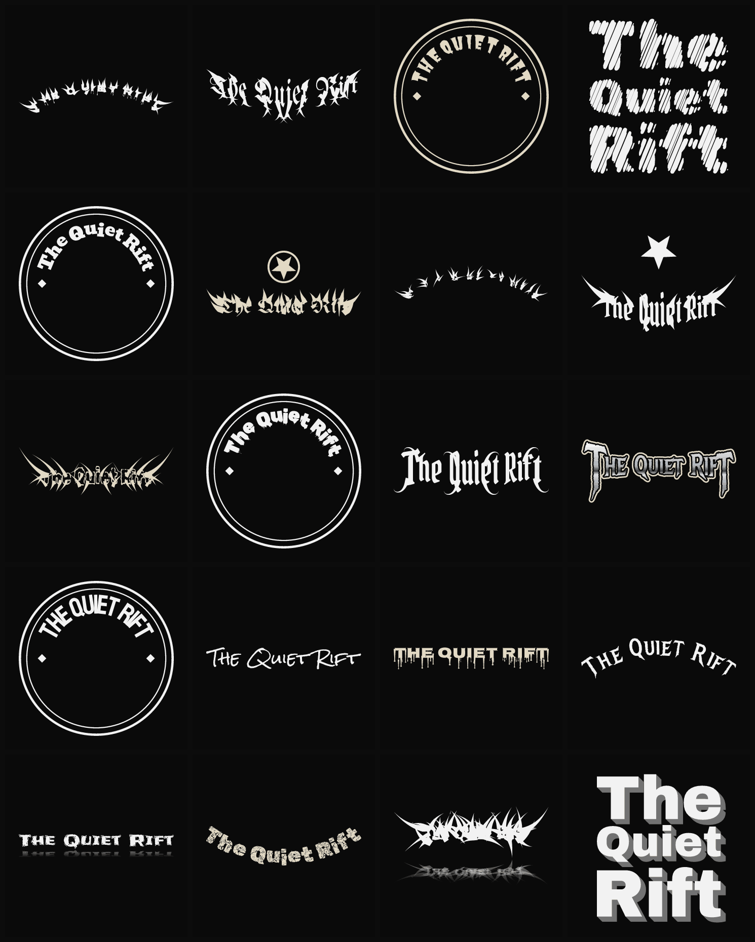 Twenty The Quiet Rift band logo ideas — different faces, treatments and spike settings