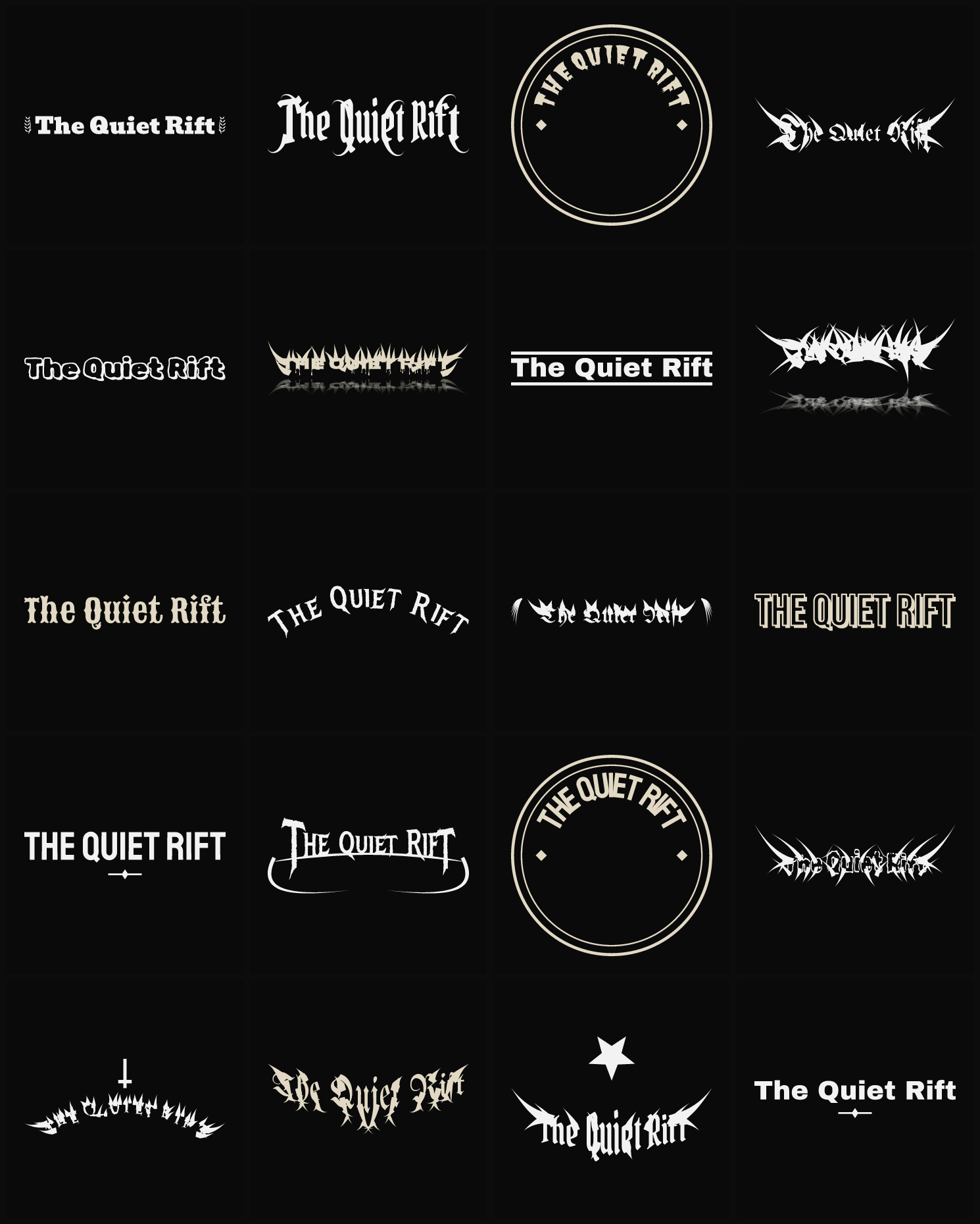 Twenty The Quiet Rift band logo ideas — different faces, treatments and spike settings