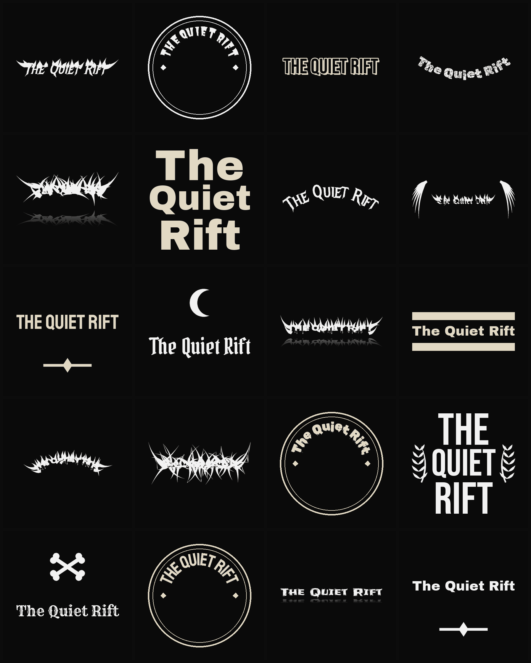 Twenty The Quiet Rift band logo ideas — different faces, treatments and spike settings