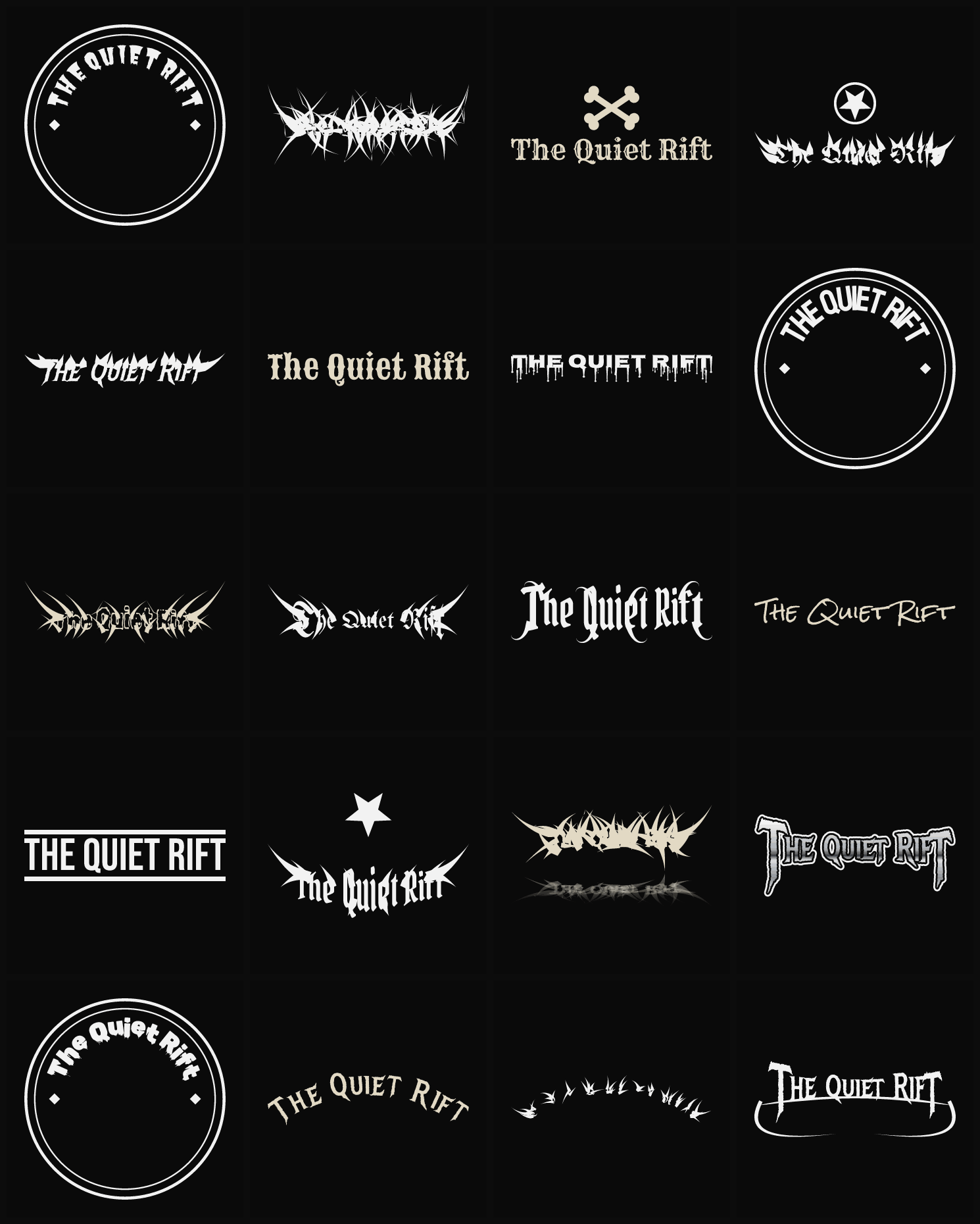 Twenty The Quiet Rift band logo ideas — different faces, treatments and spike settings