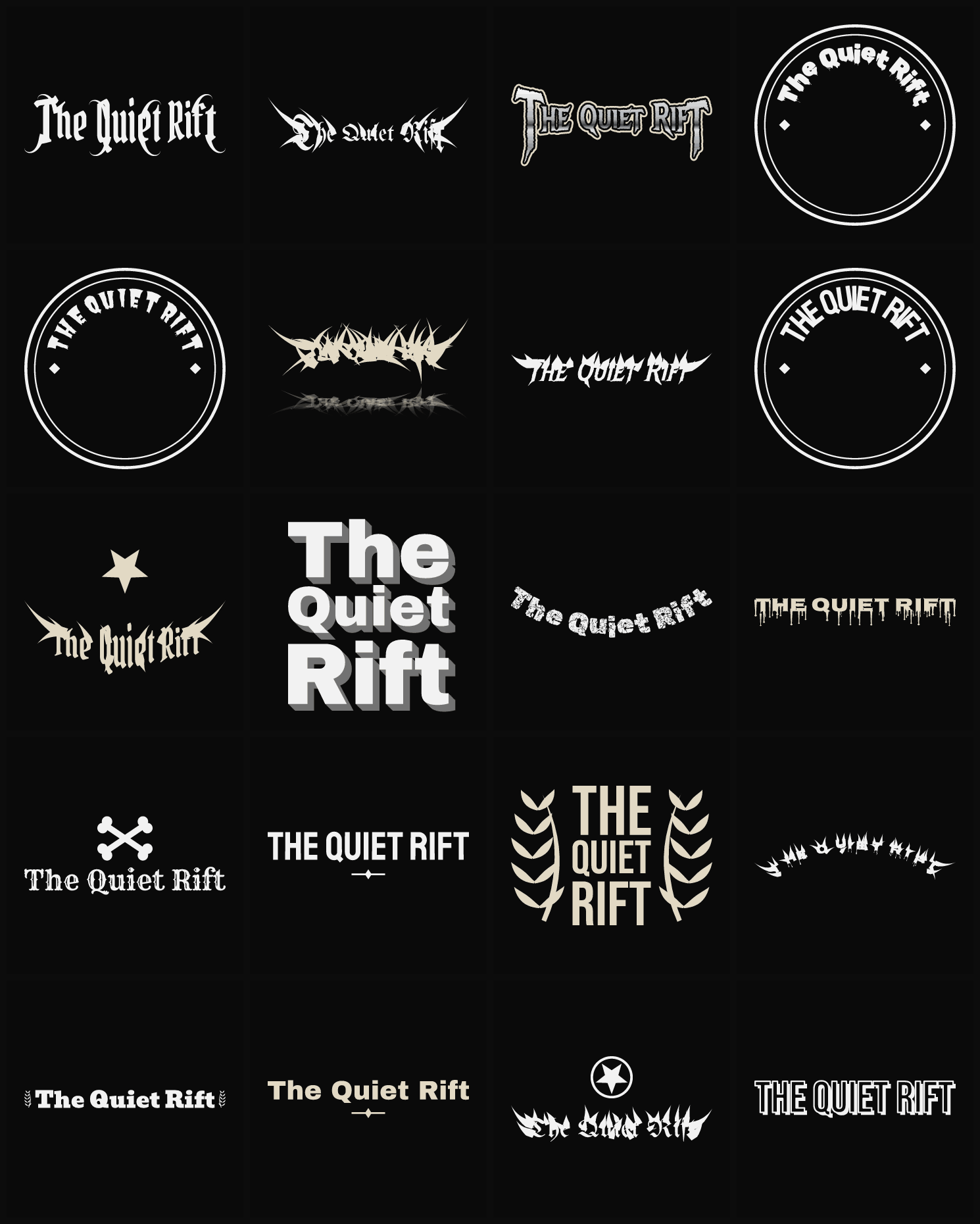 Twenty The Quiet Rift band logo ideas — different faces, treatments and spike settings