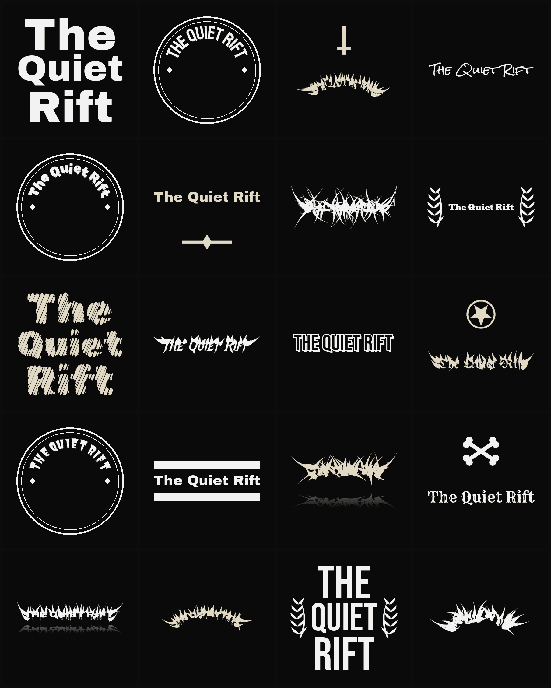 Twenty The Quiet Rift band logo ideas — different faces, treatments and spike settings