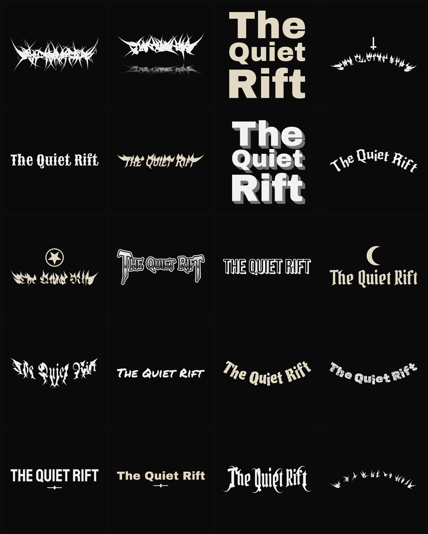 Twenty The Quiet Rift band logo ideas — different faces, treatments and spike settings