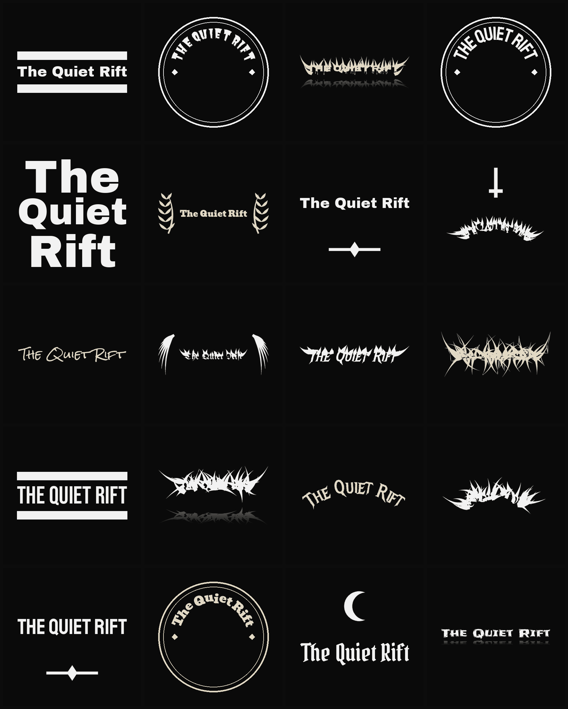 Twenty The Quiet Rift band logo ideas — different faces, treatments and spike settings