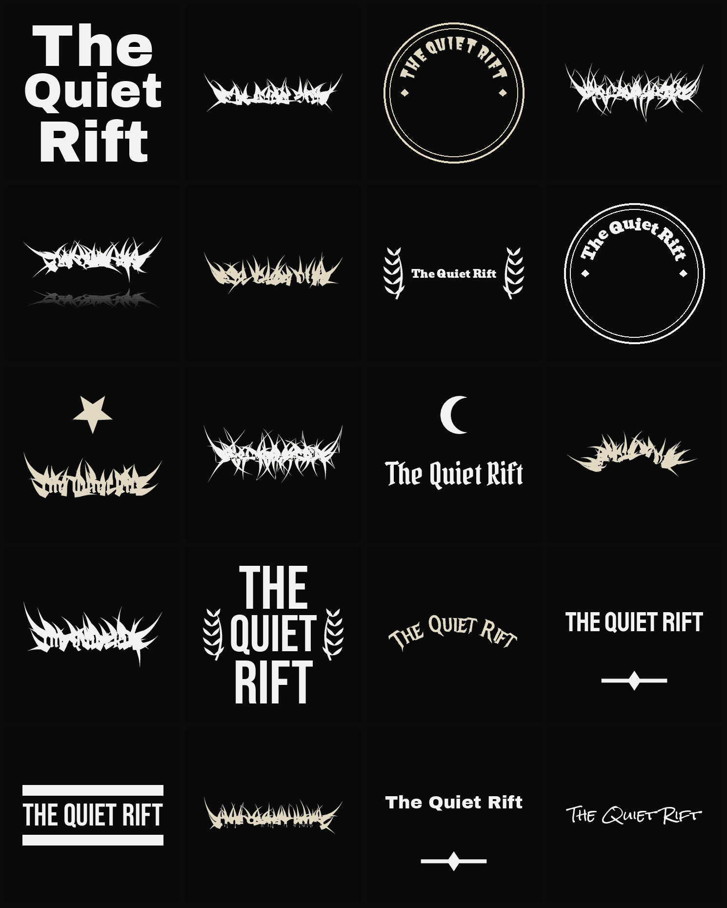 Twenty The Quiet Rift band logo ideas — different faces, treatments and spike settings