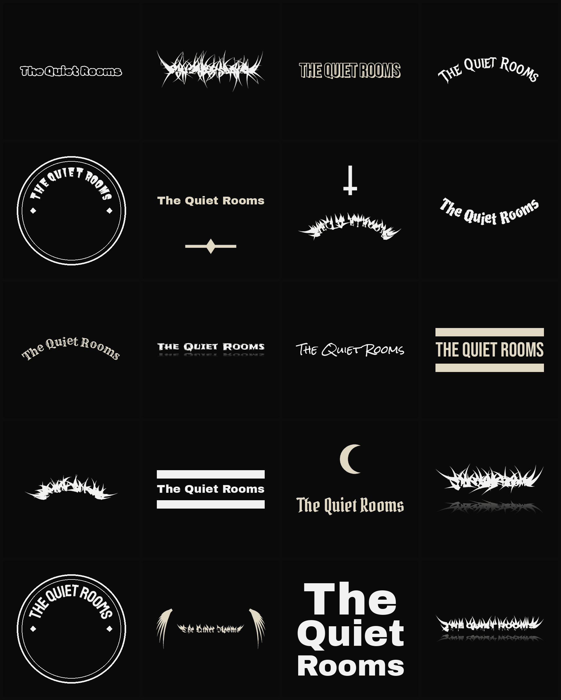 Twenty The Quiet Rooms band logo ideas — different faces, treatments and spike settings